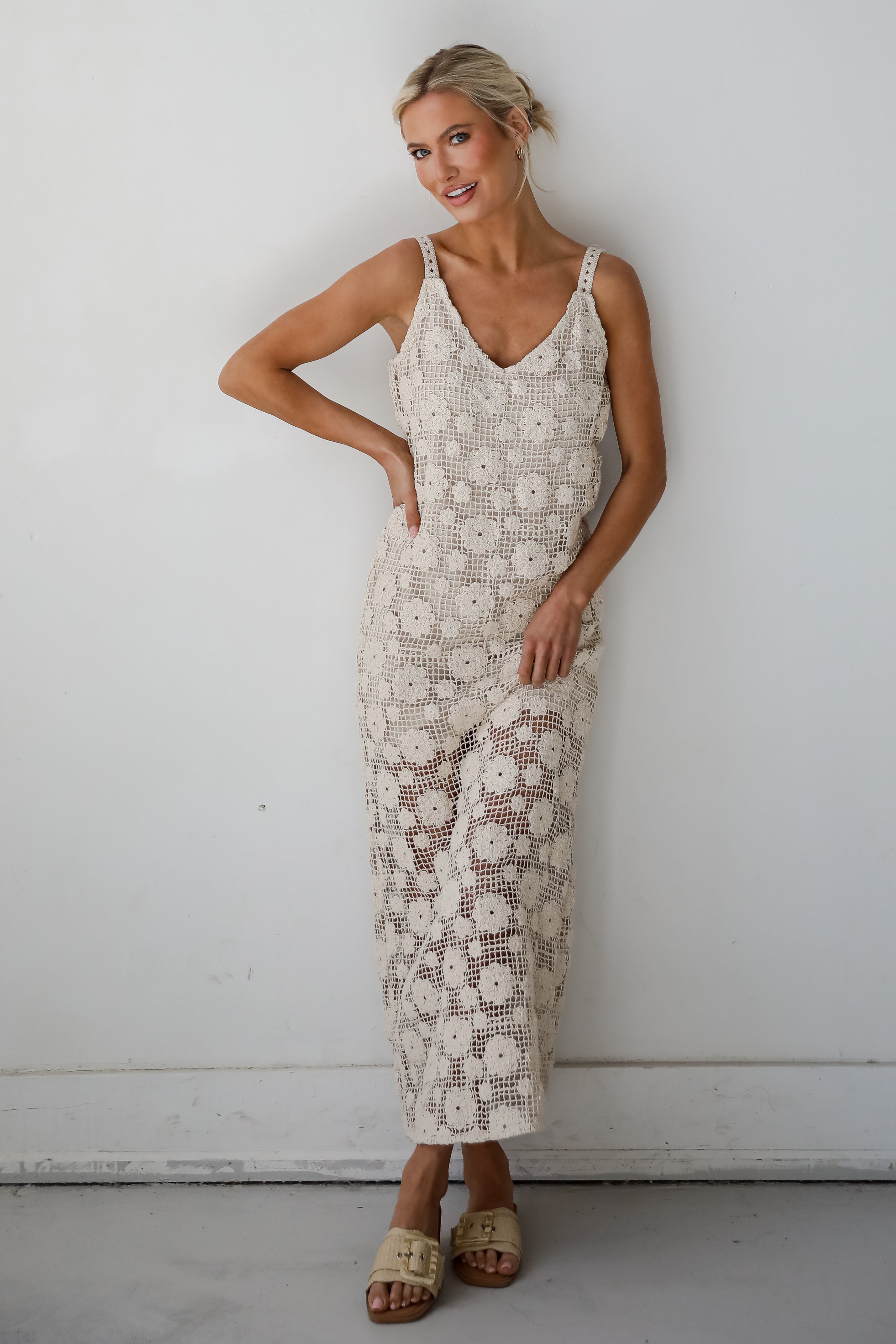 Breezy Demeanor Natural Floral Crochet Maxi Dress