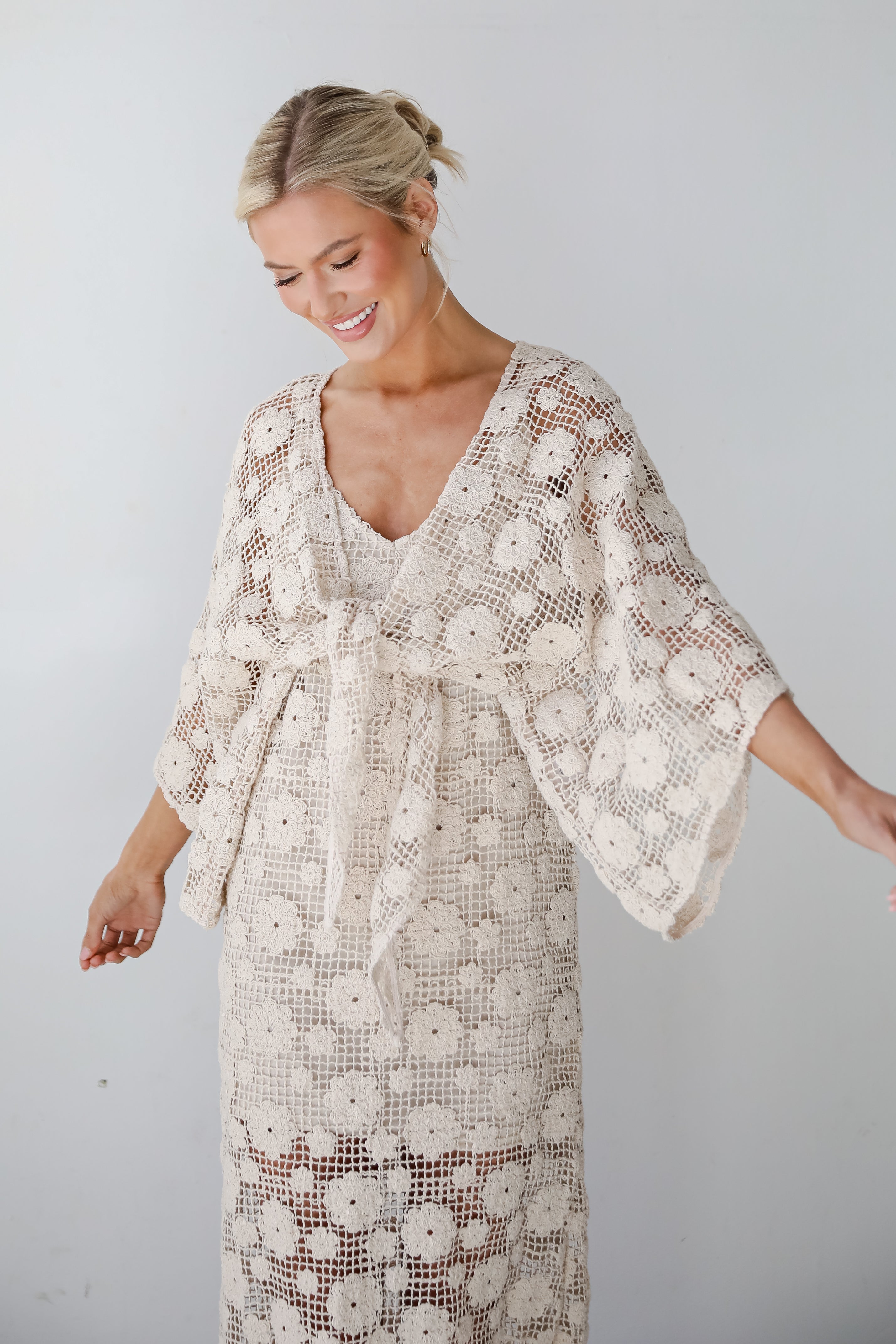 Breezy Demeanor Natural Floral Crochet Tie-Front Top