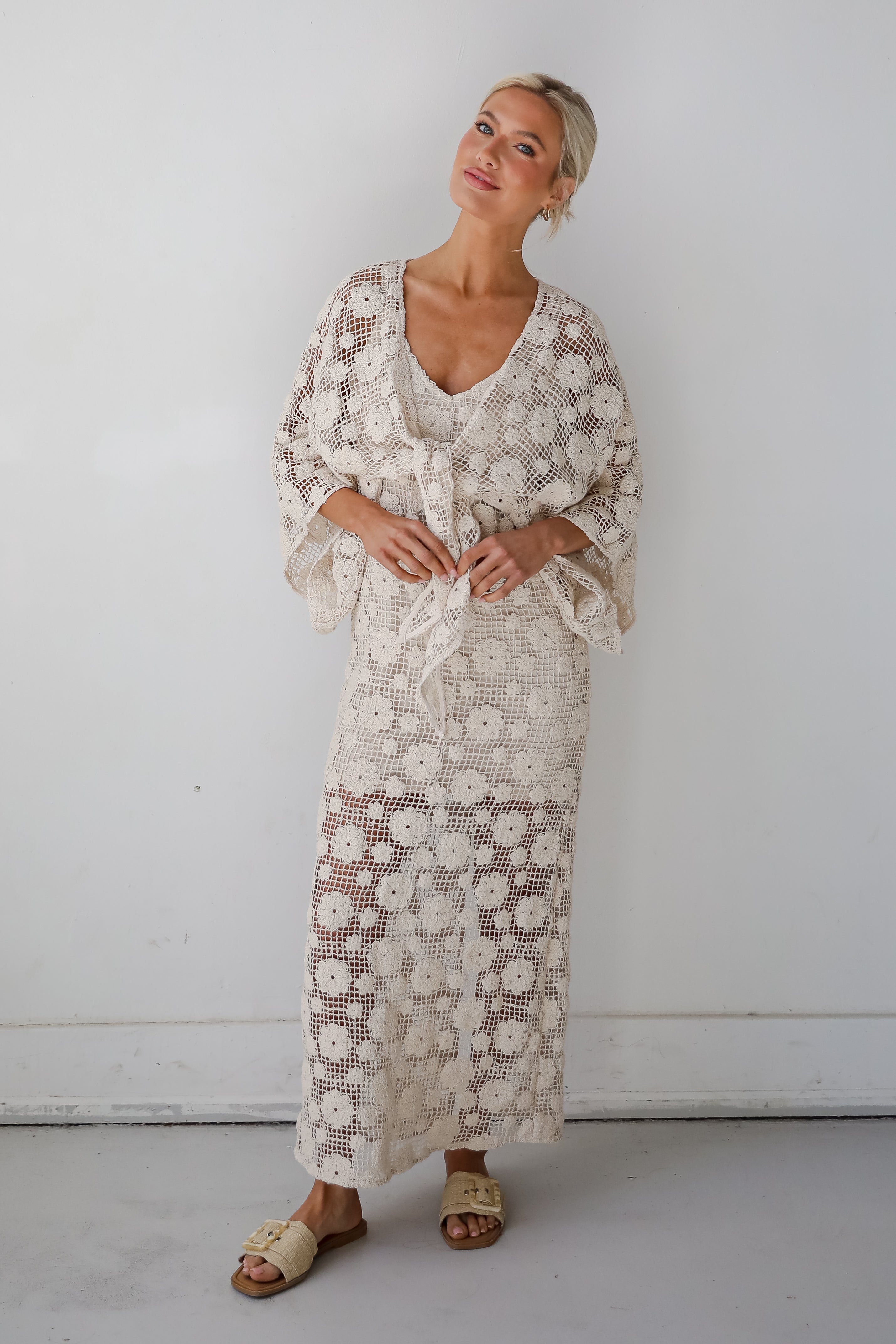 Breezy Demeanor Natural Floral Crochet Maxi Dress