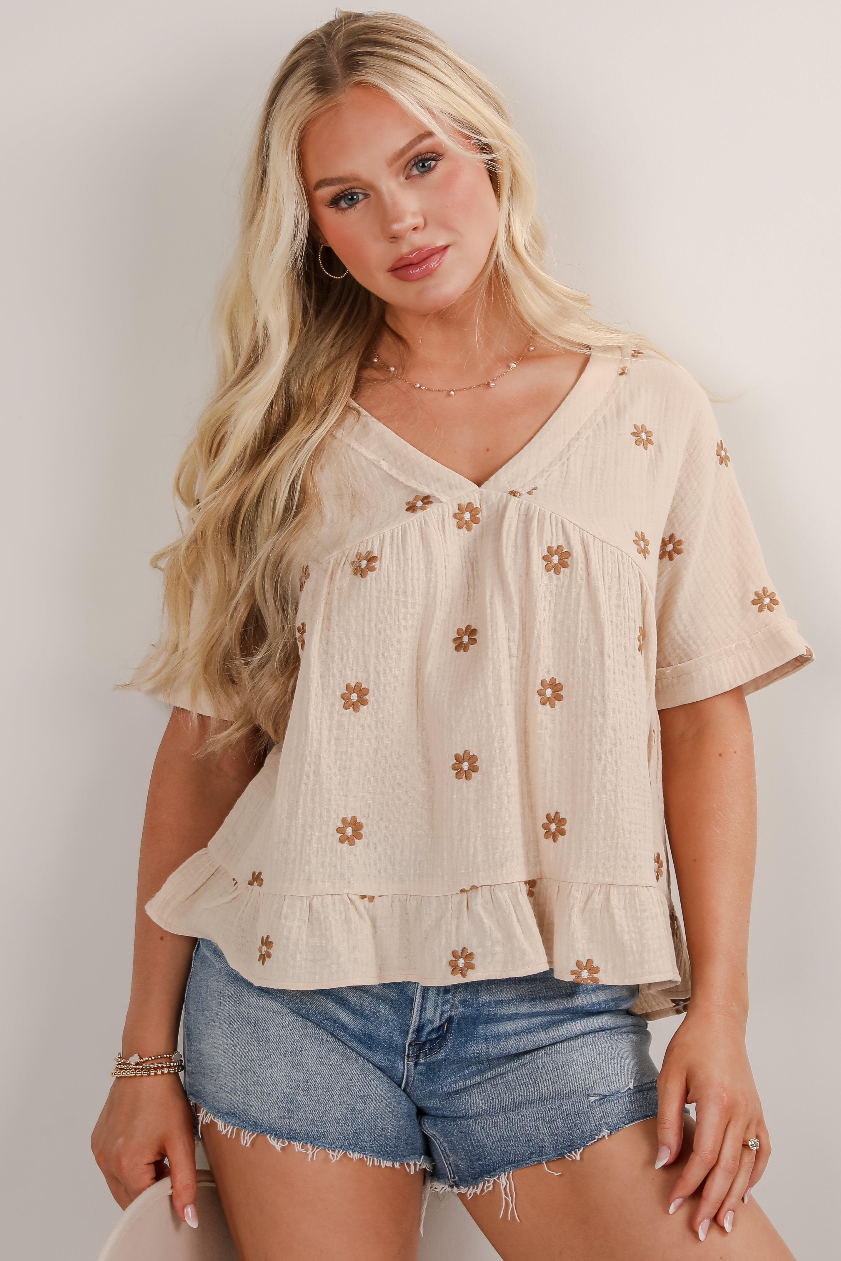 Plenty Of Love Natural Floral Linen Blouse