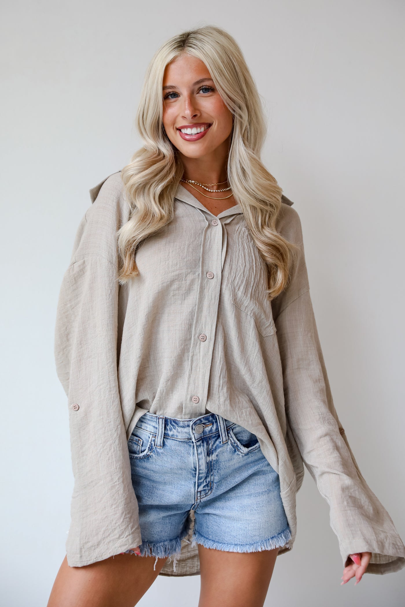 cute Natural Oversized Button-Up Blouse