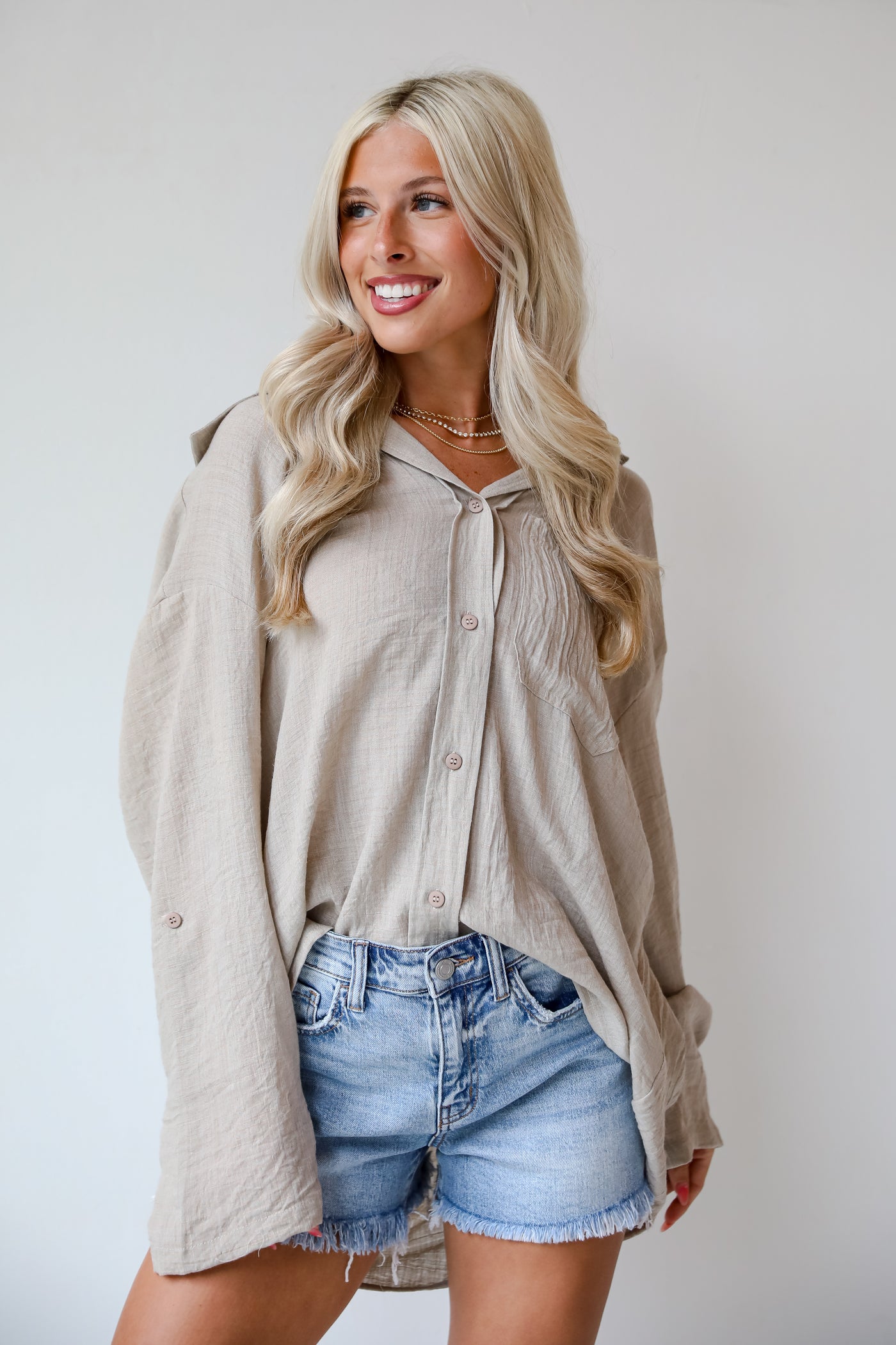 trendy Natural Oversized Button-Up Blouse