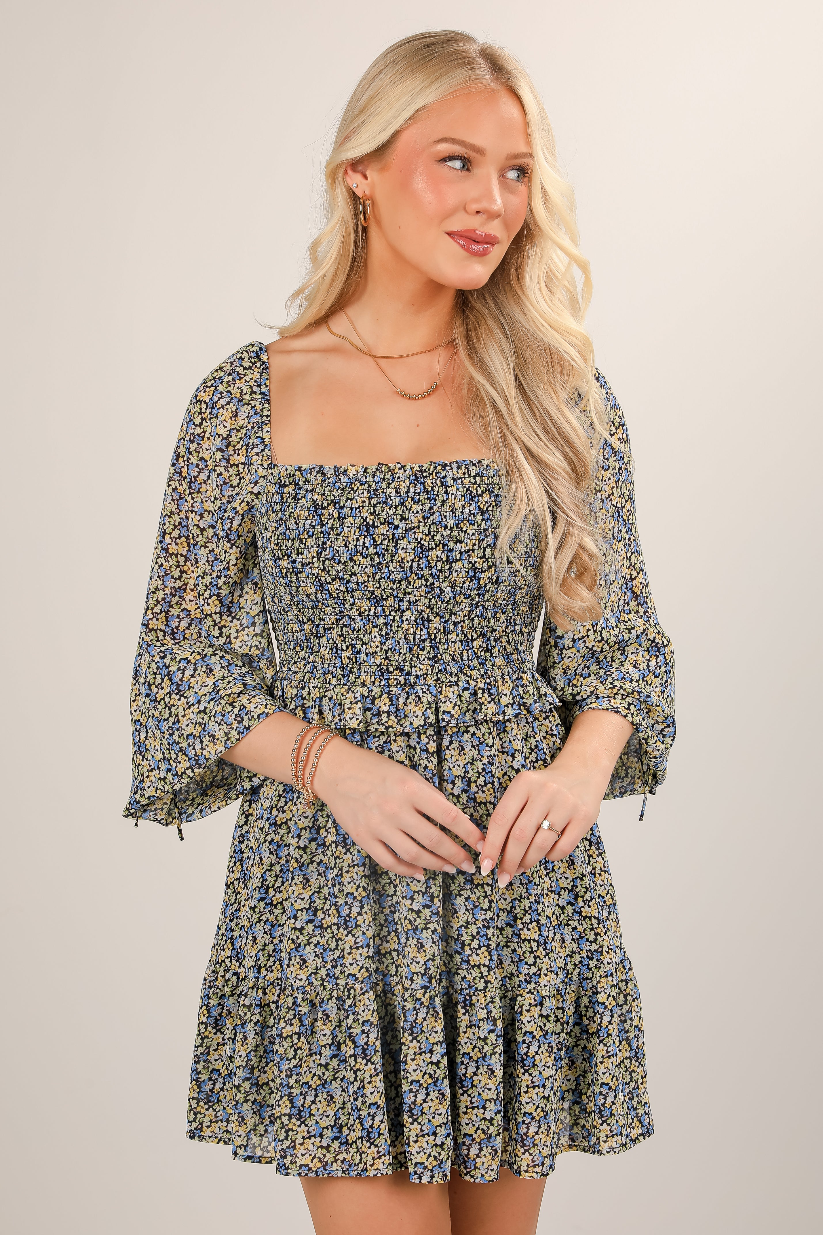 Feel The Breeze Navy Floral Smocked Mini Dress