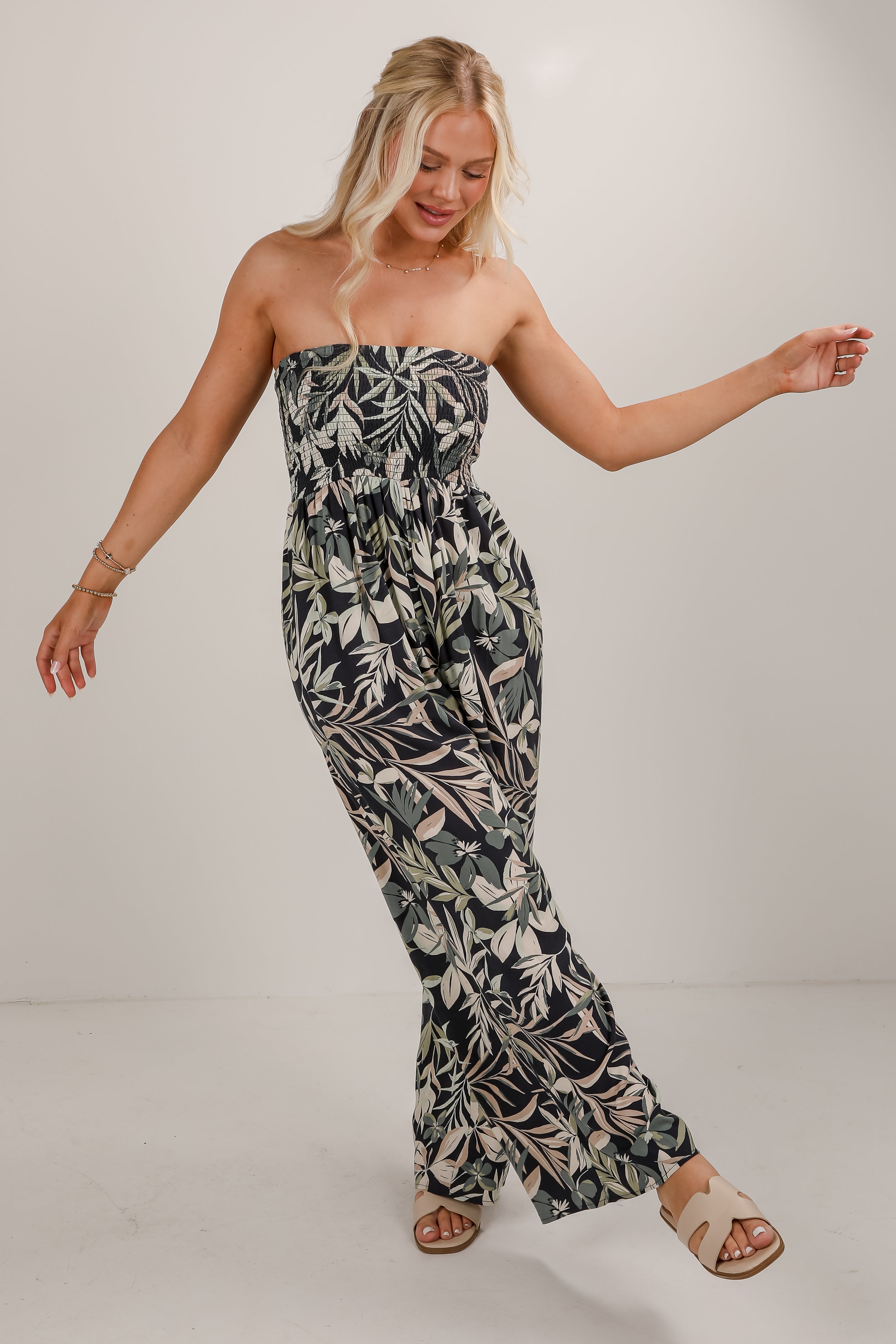 Salty Air Navy Leaf Print Smocked Strapless Jumpsuit