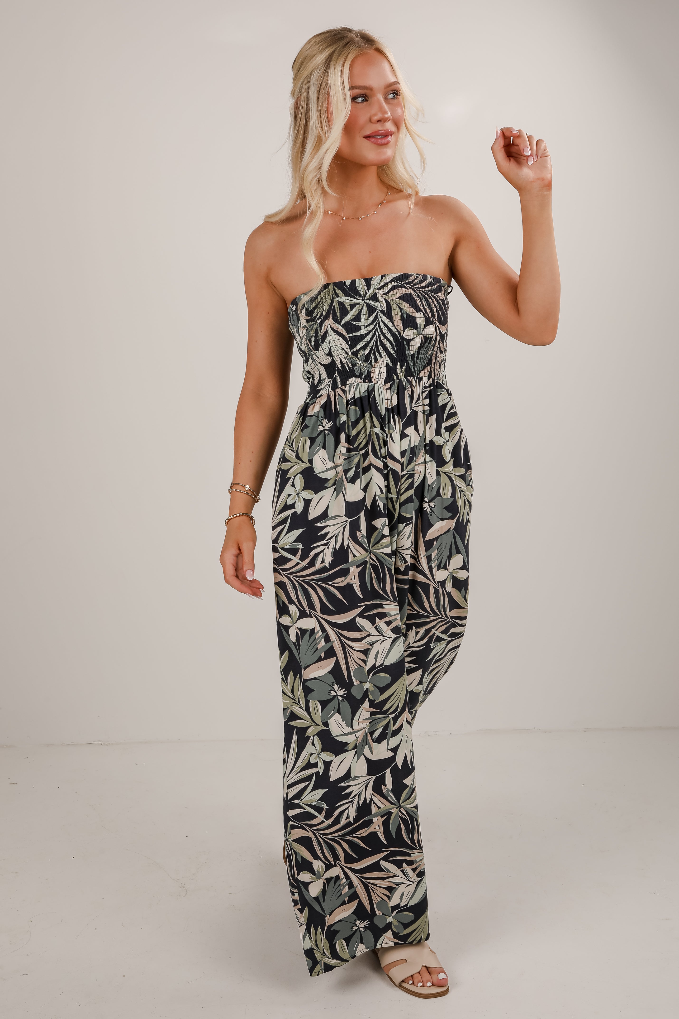 Salty Air Navy Leaf Print Smocked Strapless Jumpsuit