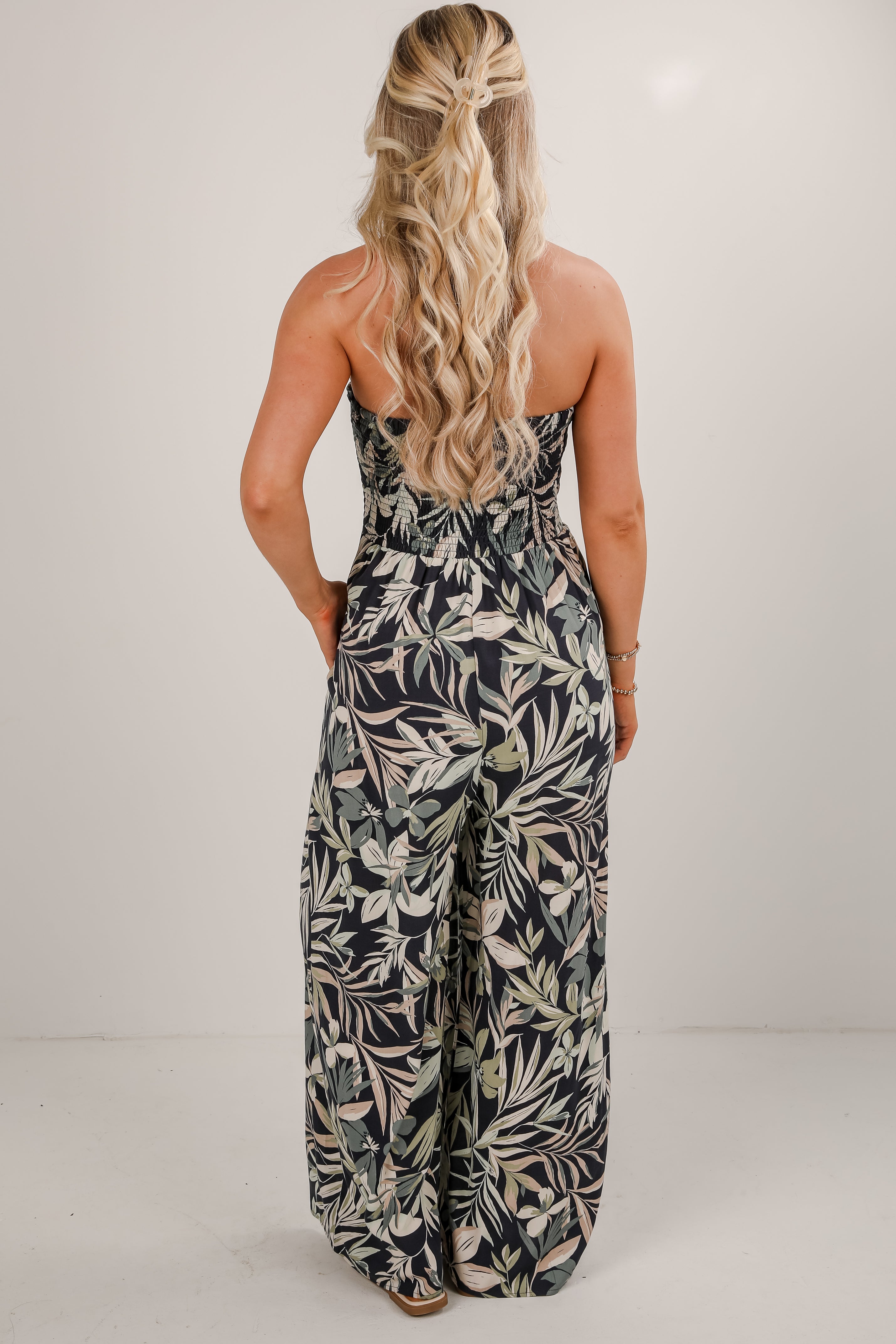 Salty Air Navy Leaf Print Smocked Strapless Jumpsuit