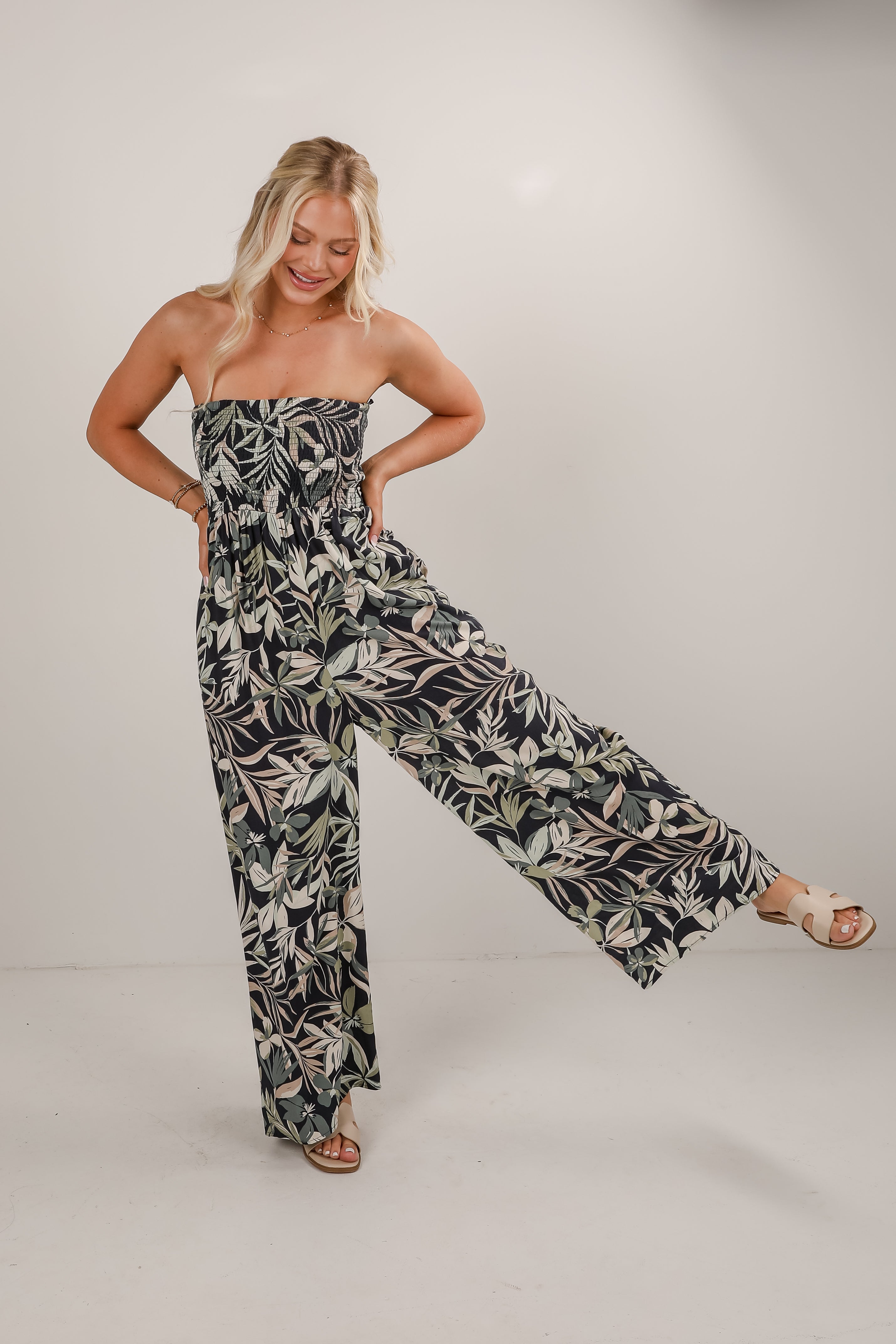 Salty Air Navy Leaf Print Smocked Strapless Jumpsuit