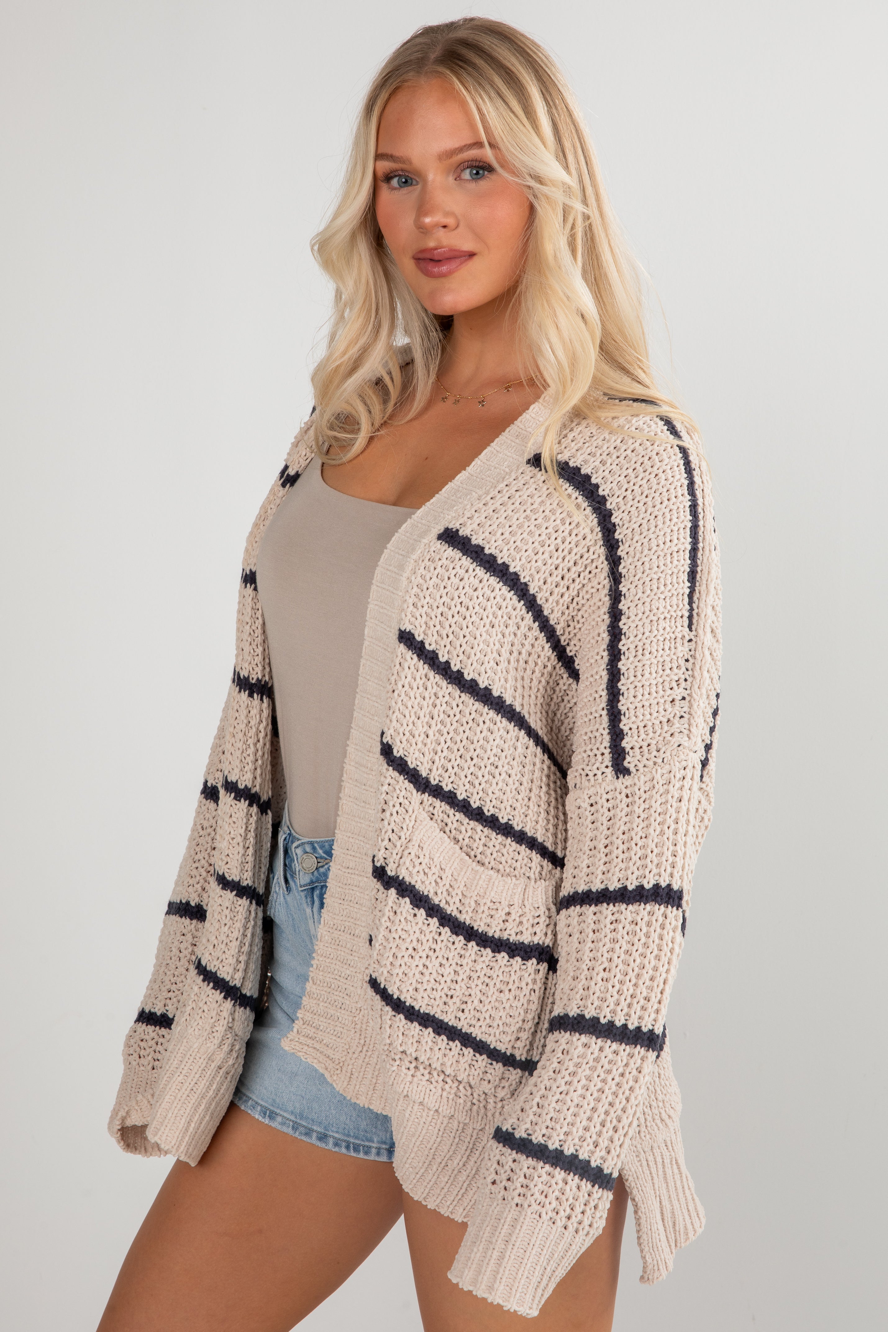 navy striped cardigan