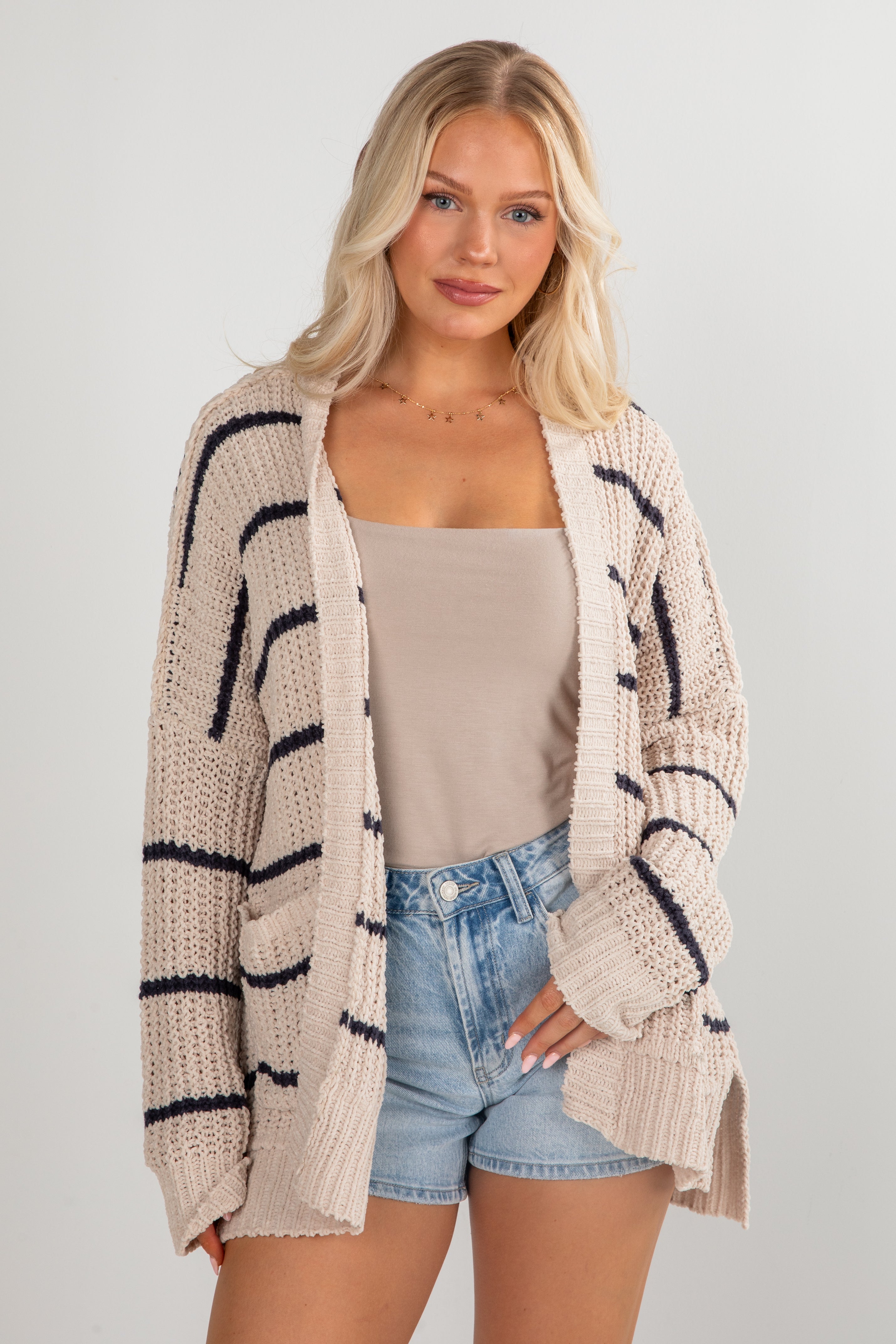 navy striped cardigan