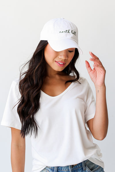 White North Hall Script Embroidered Hat on model