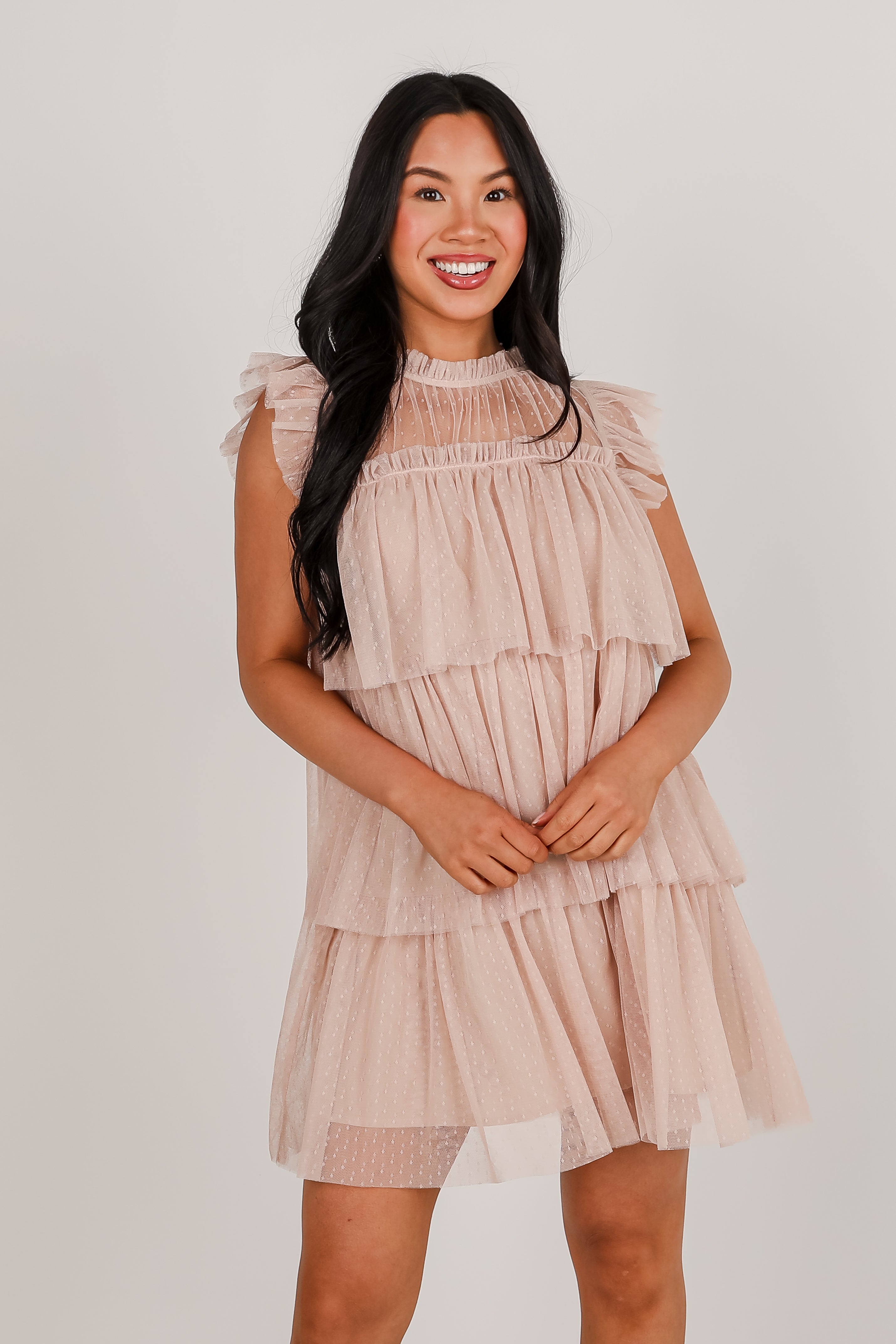 So Dreamy Nude Tulle Tiered Mini Dress