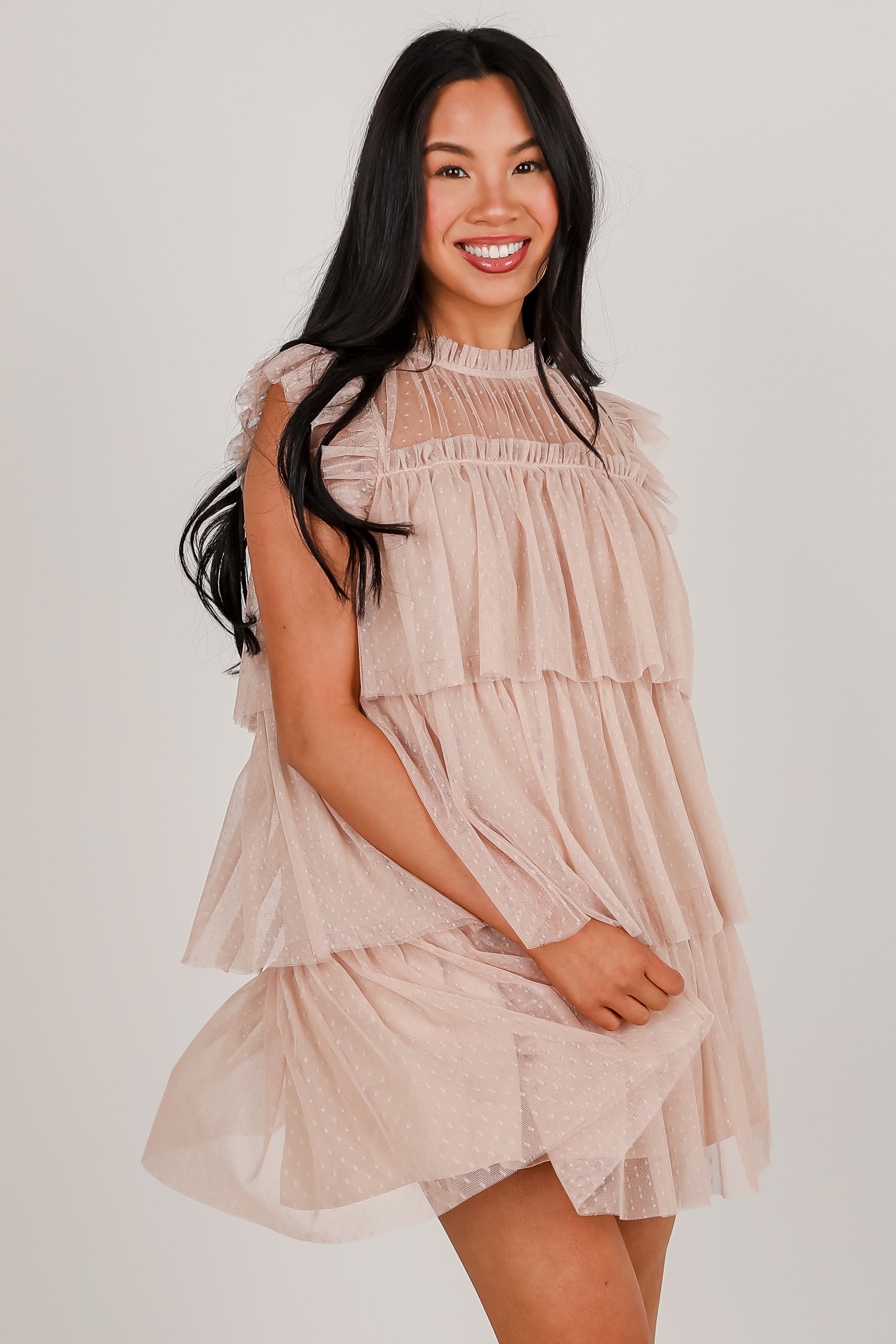 So Dreamy Nude Tulle Tiered Mini Dress