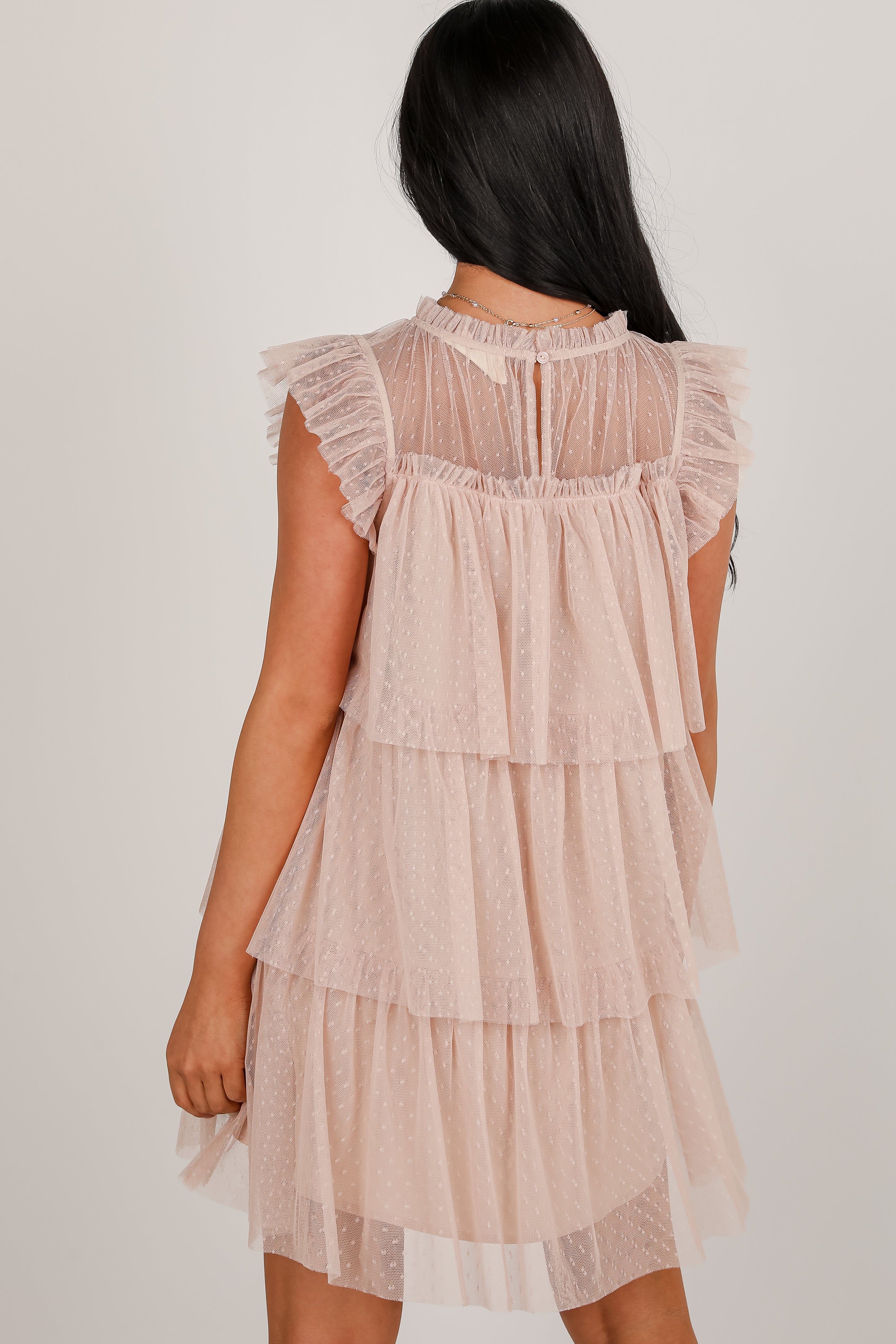 So Dreamy Nude Tulle Tiered Mini Dress