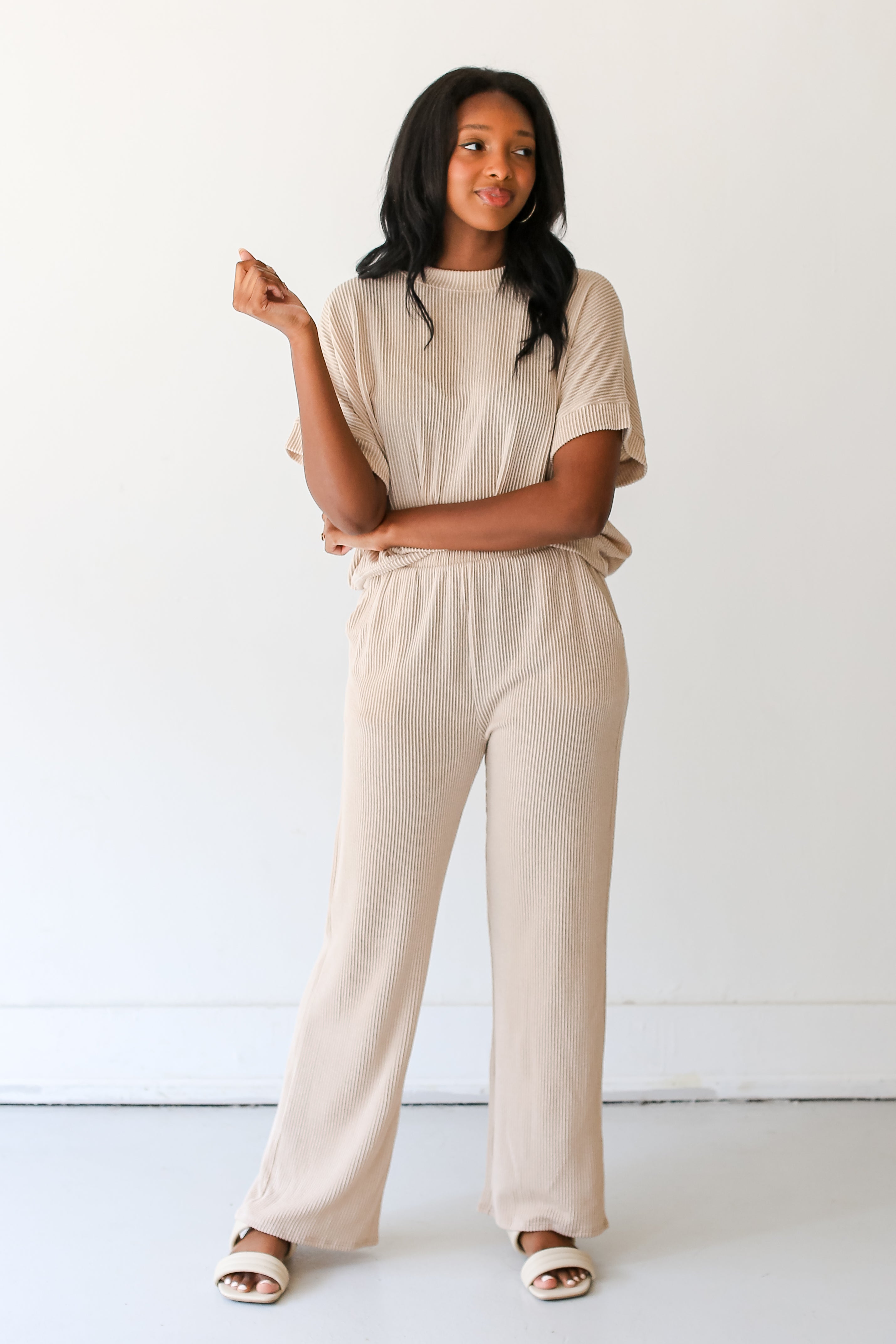 oatmeal Corded Lounge Pants on model