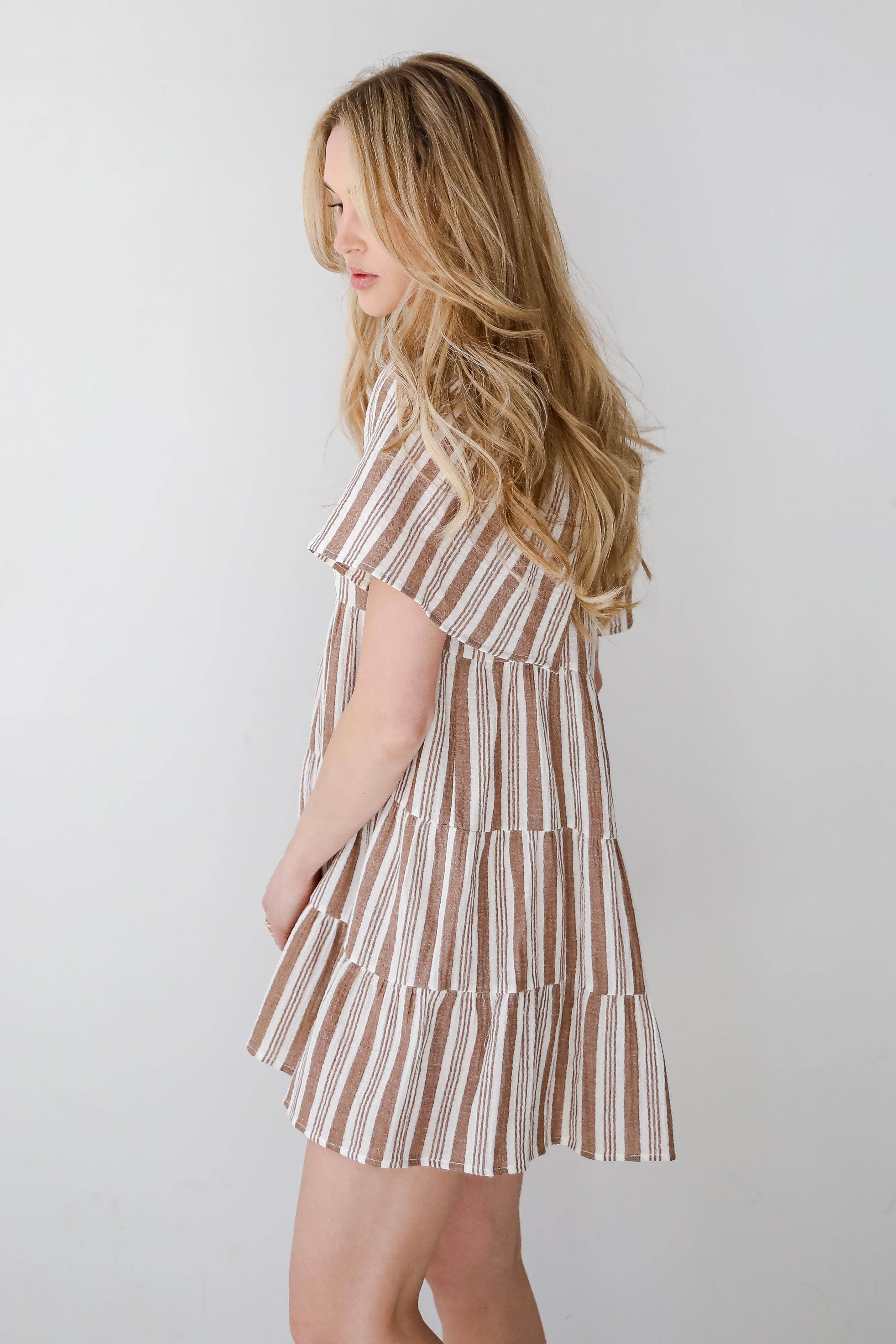 Springtime Sweetie Off White Striped Linen Tiered Mini Dress