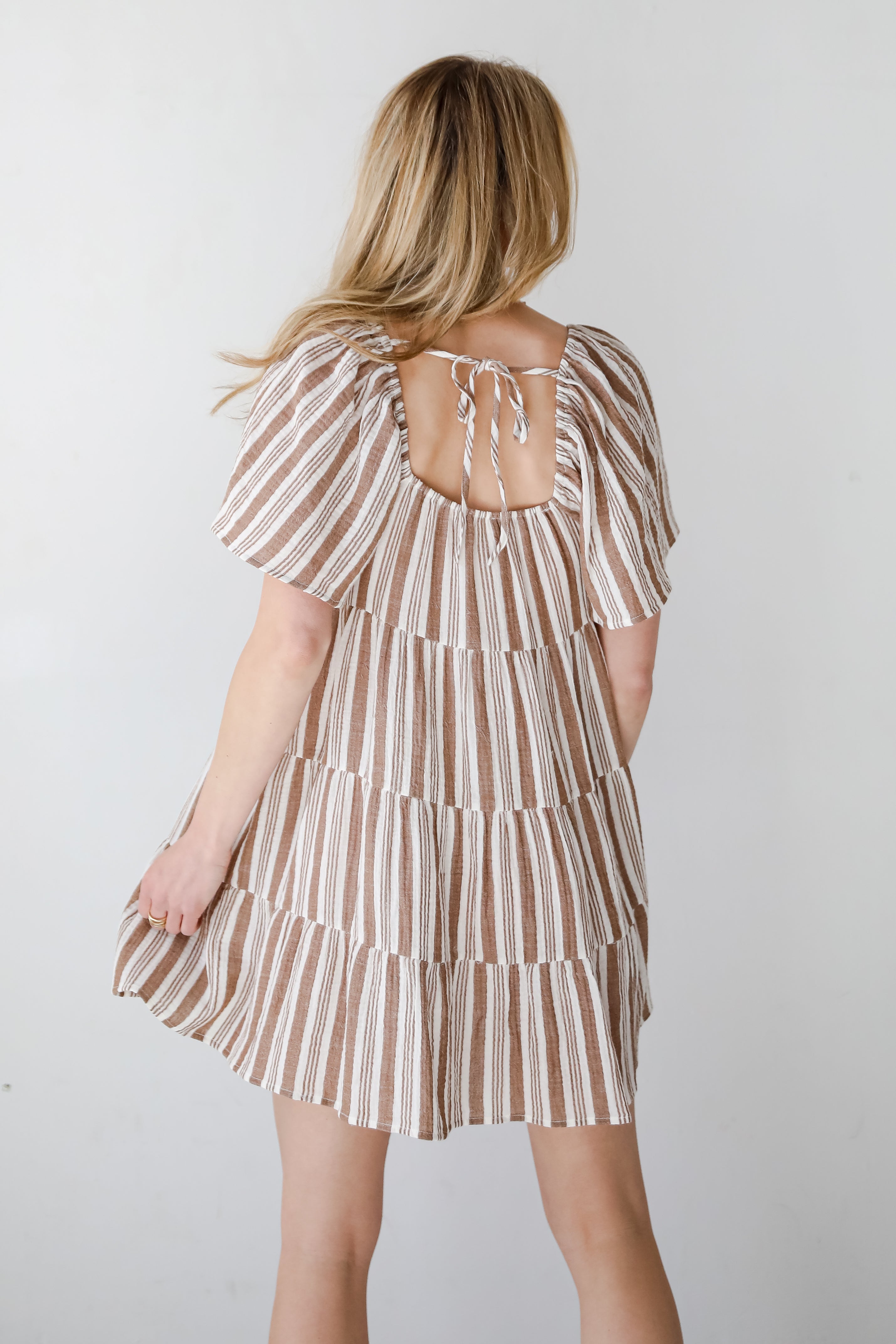 Springtime Sweetie Off White Striped Linen Tiered Mini Dress