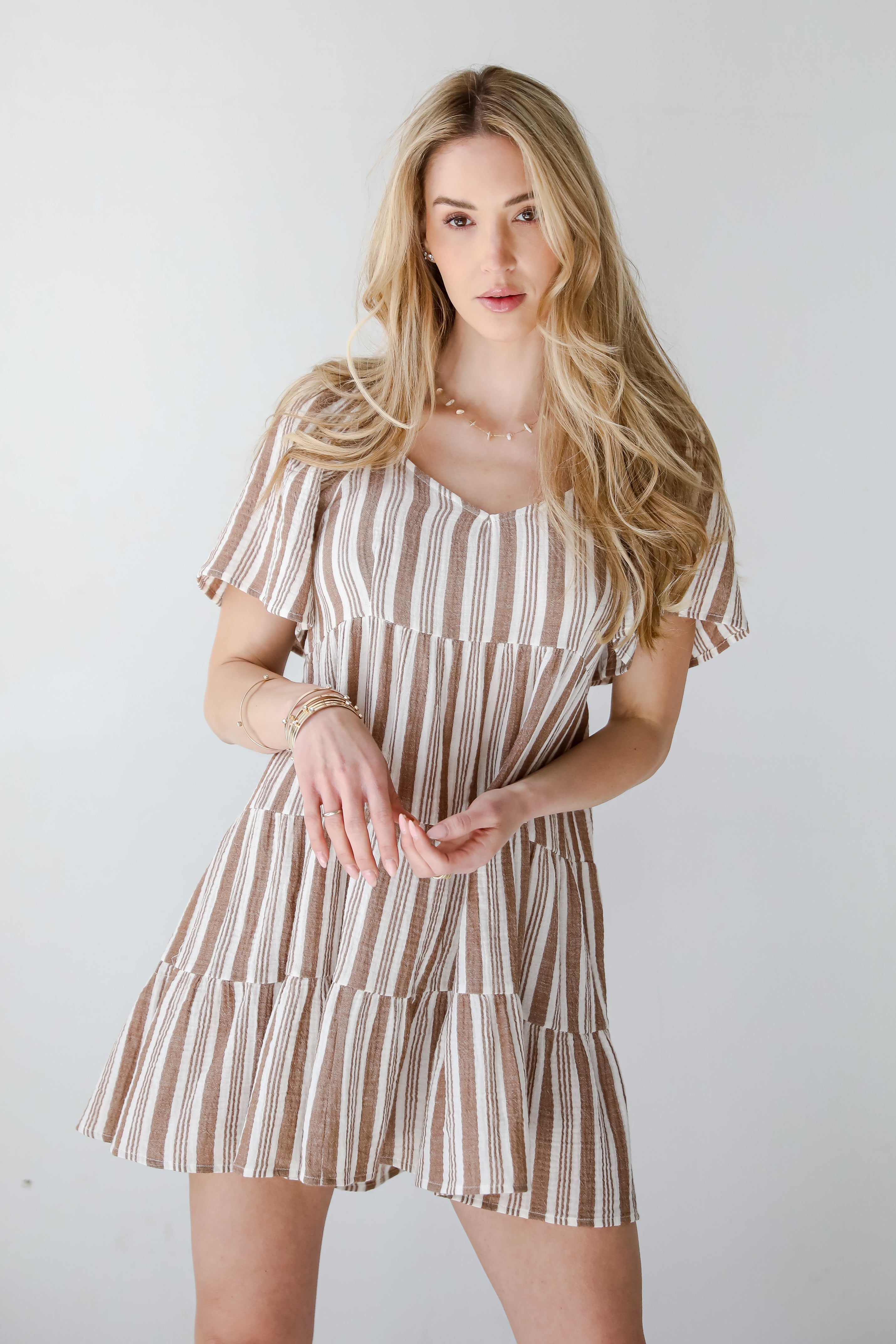 Springtime Sweetie Off White Striped Linen Tiered Mini Dress