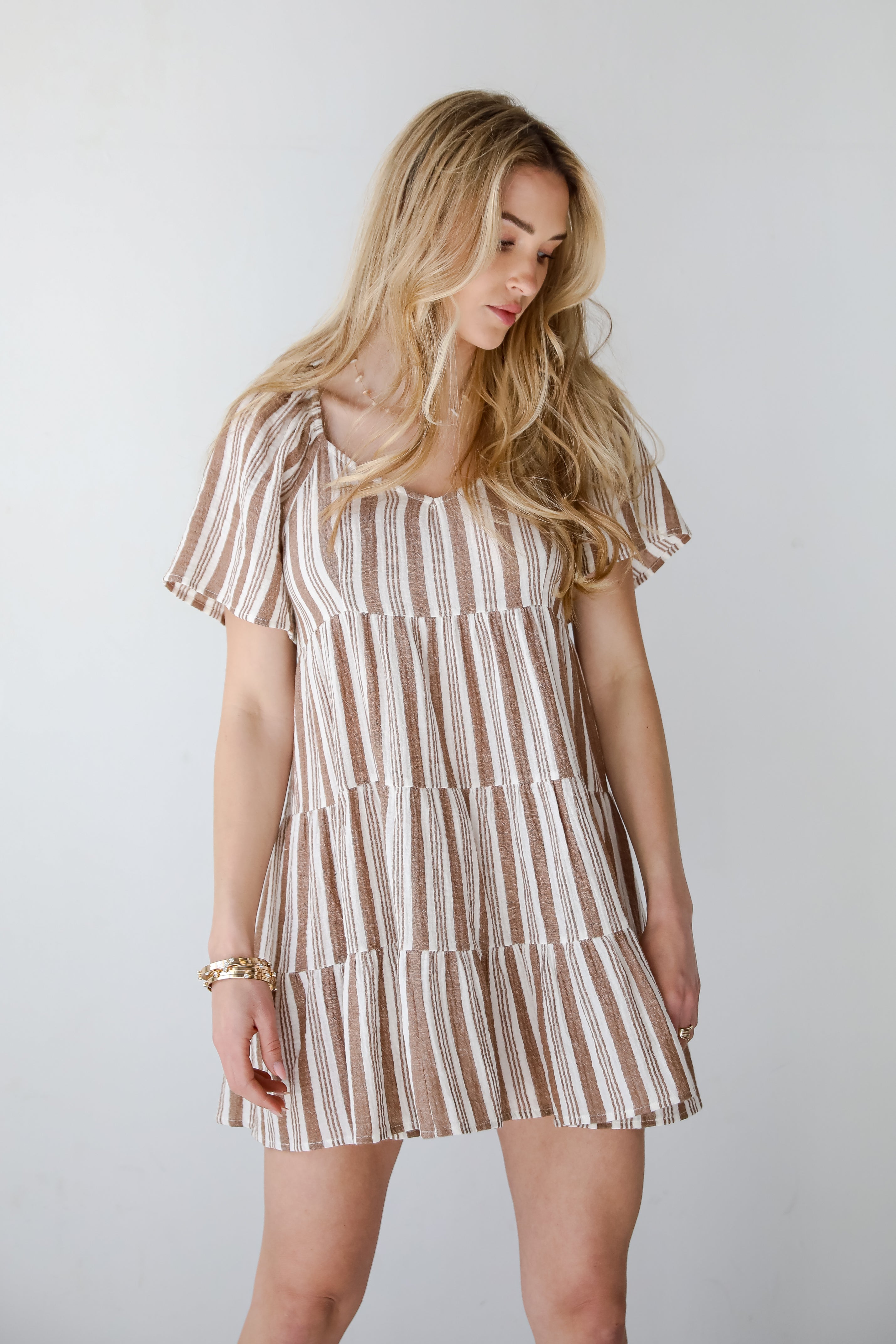 Springtime Sweetie Off White Striped Linen Tiered Mini Dress