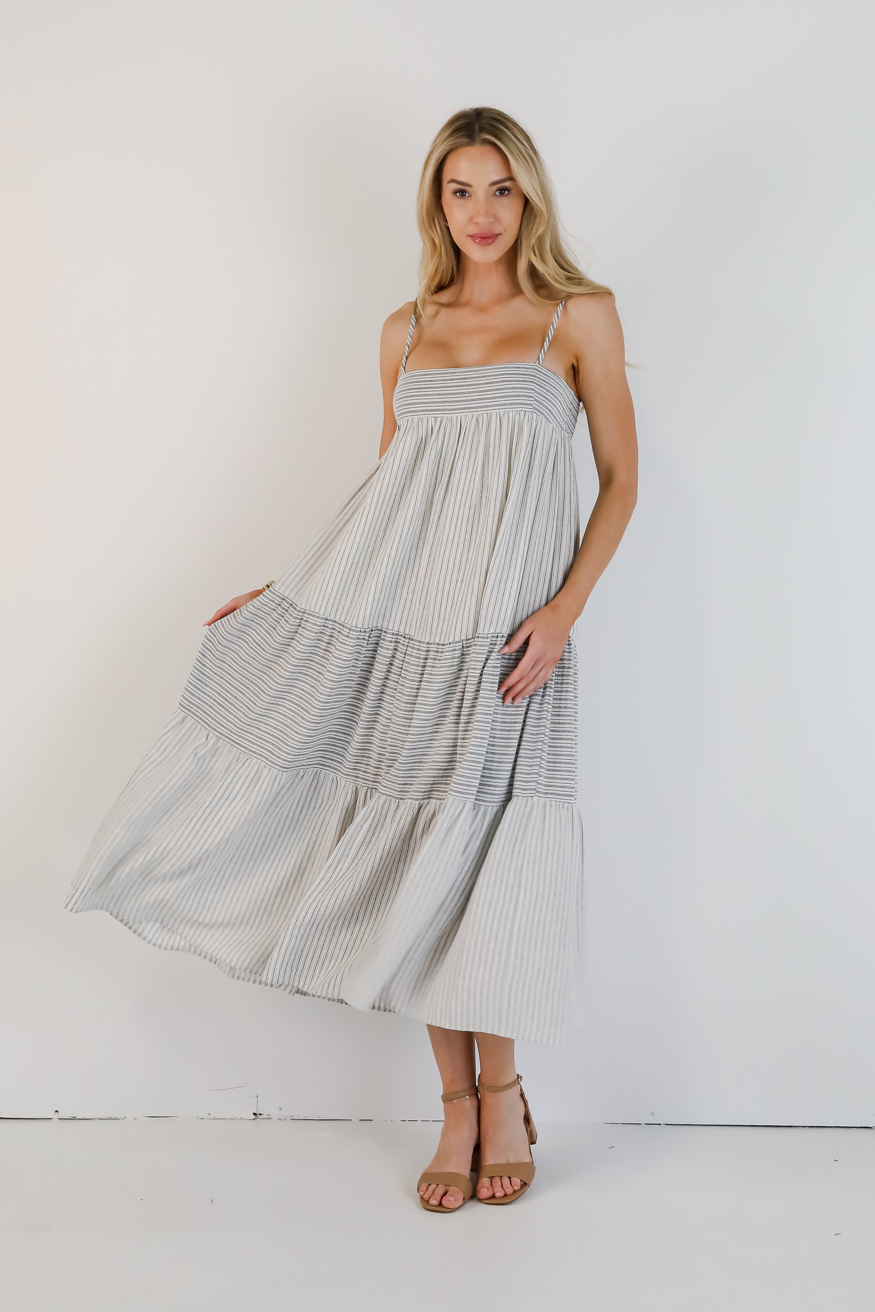 Where It All Begins Off White Striped Tiered Maxi Dress