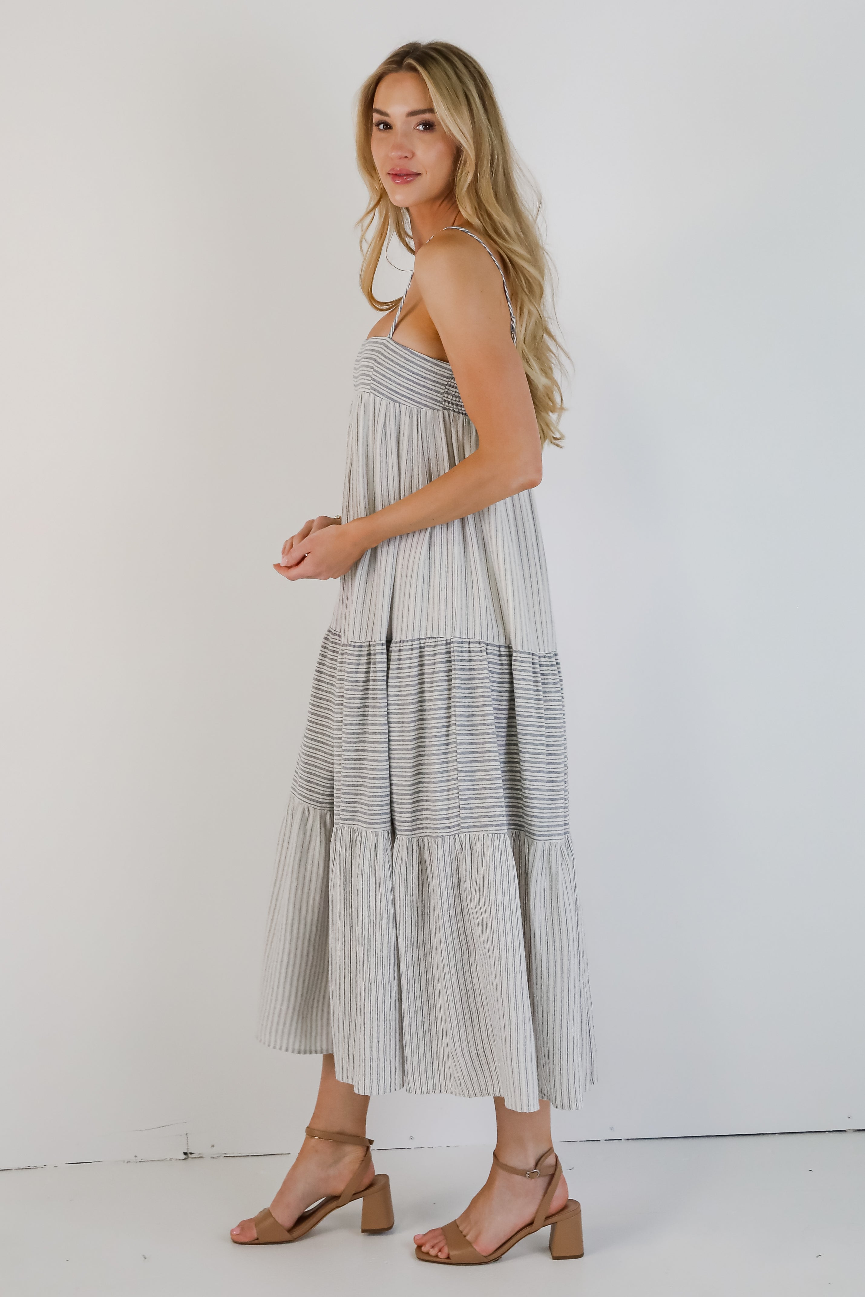 Where It All Begins Off White Striped Tiered Maxi Dress
