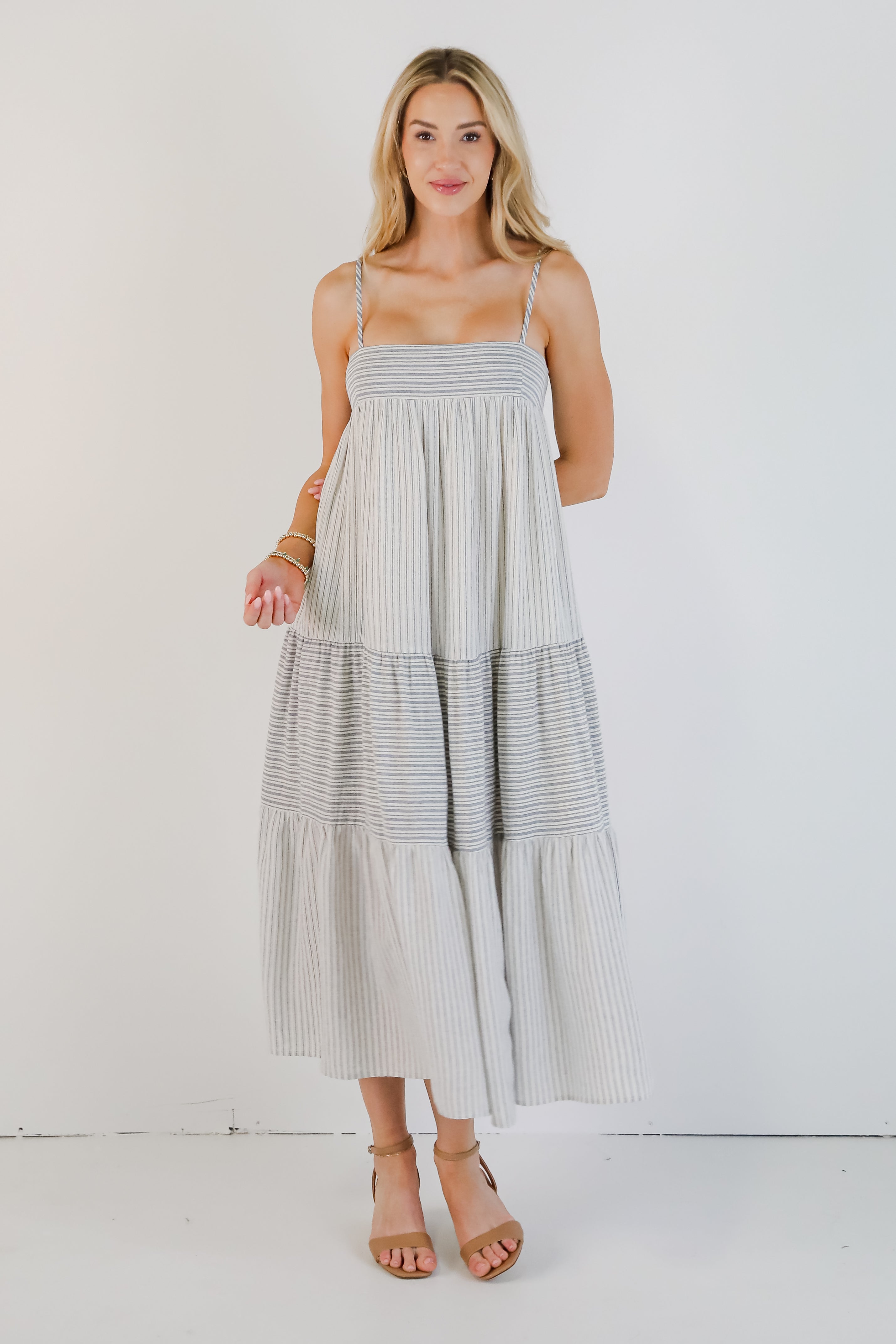 Where It All Begins Off White Striped Tiered Maxi Dress