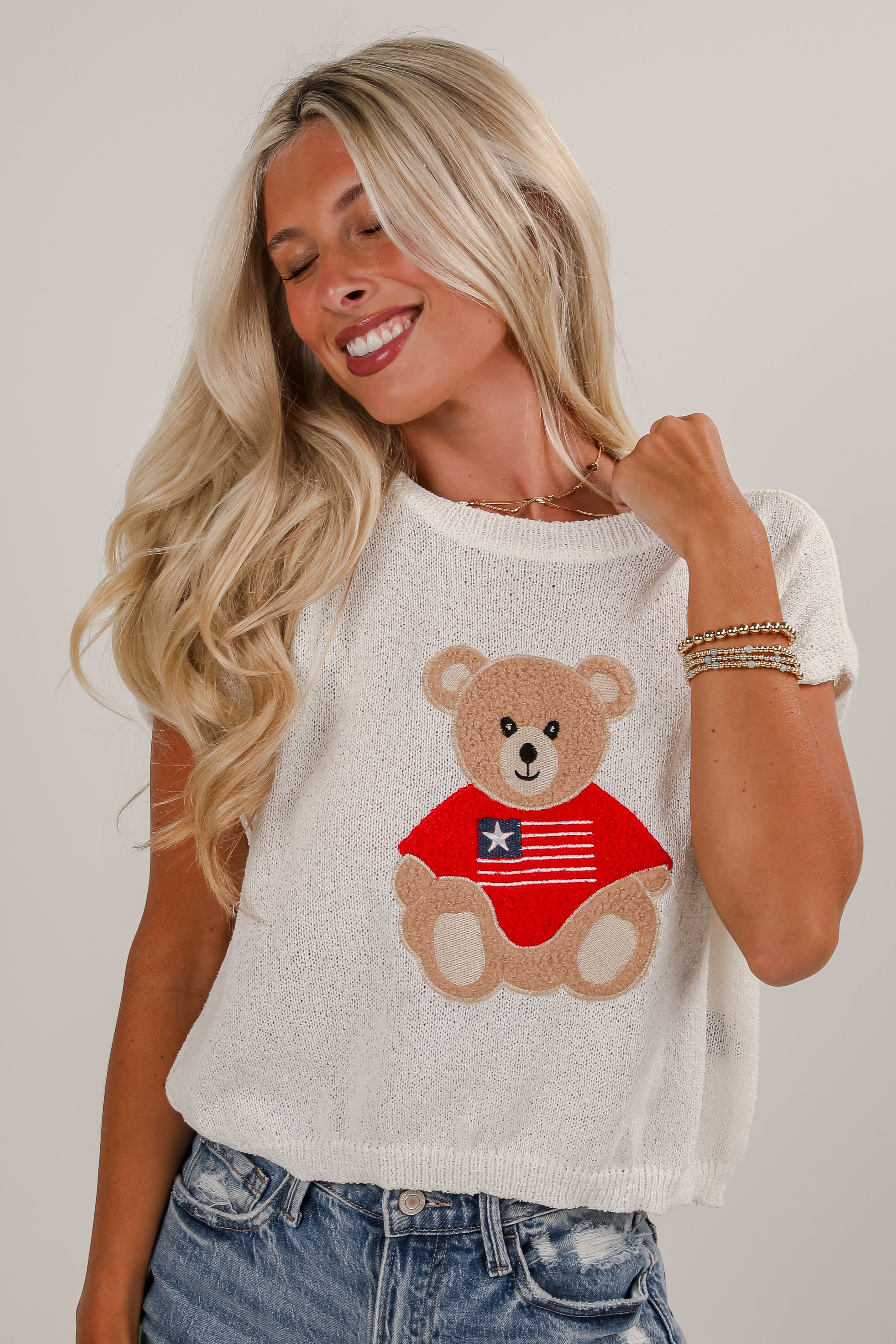 Made For Celebrating Off White Teddy Bear Knit Top