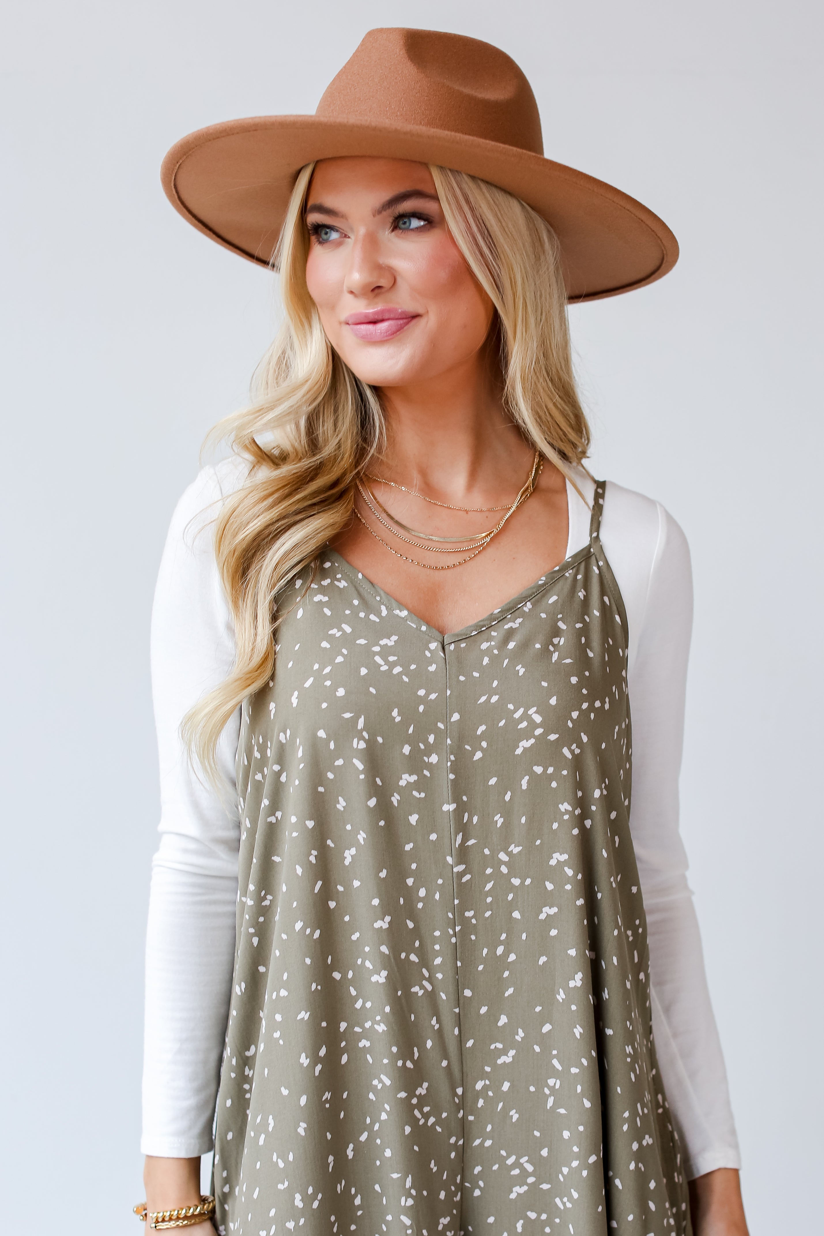 olive Spotted Wide Leg Jumpsuit close up. Online Dress Boutiques