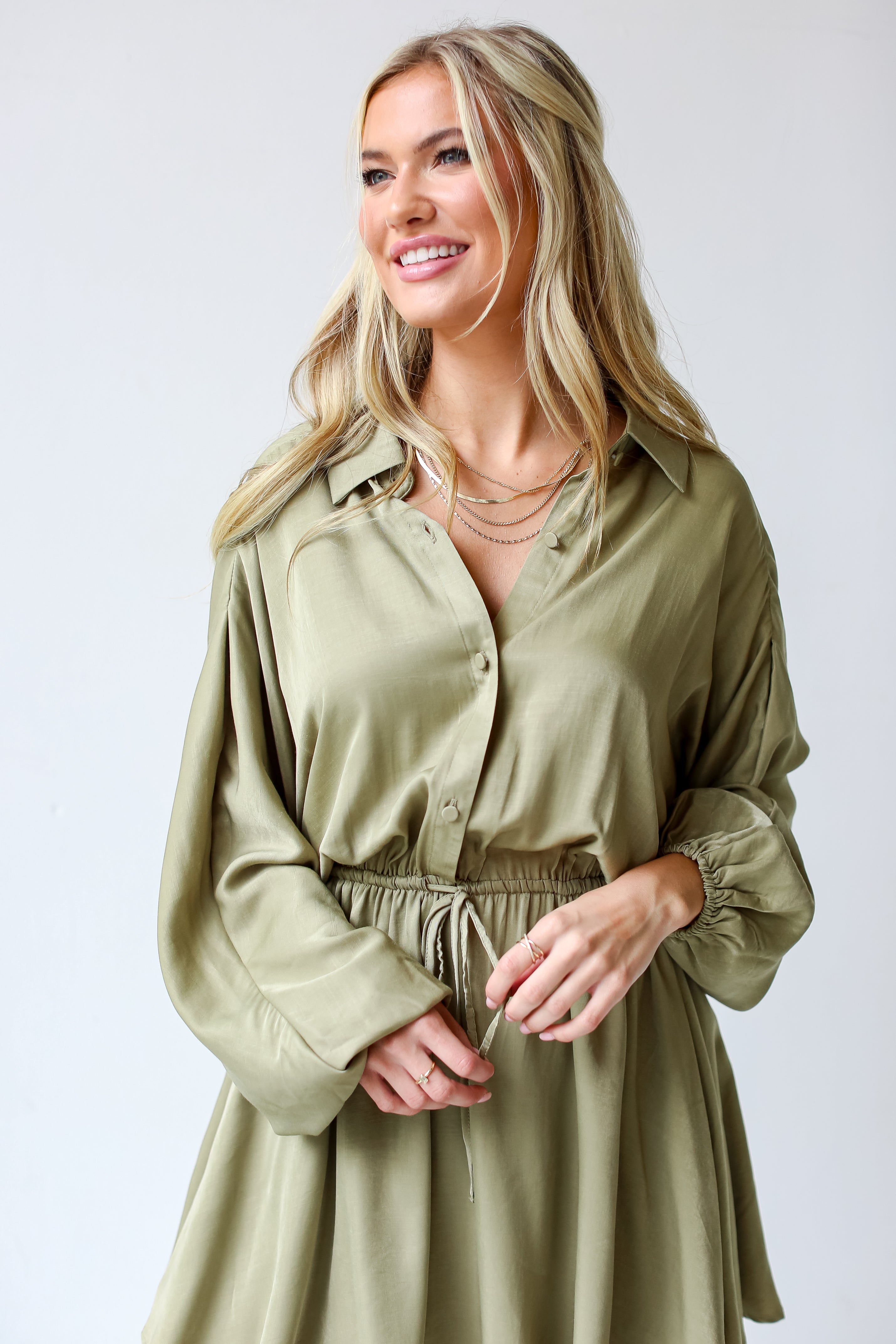 olive green Mini Dress front view on model