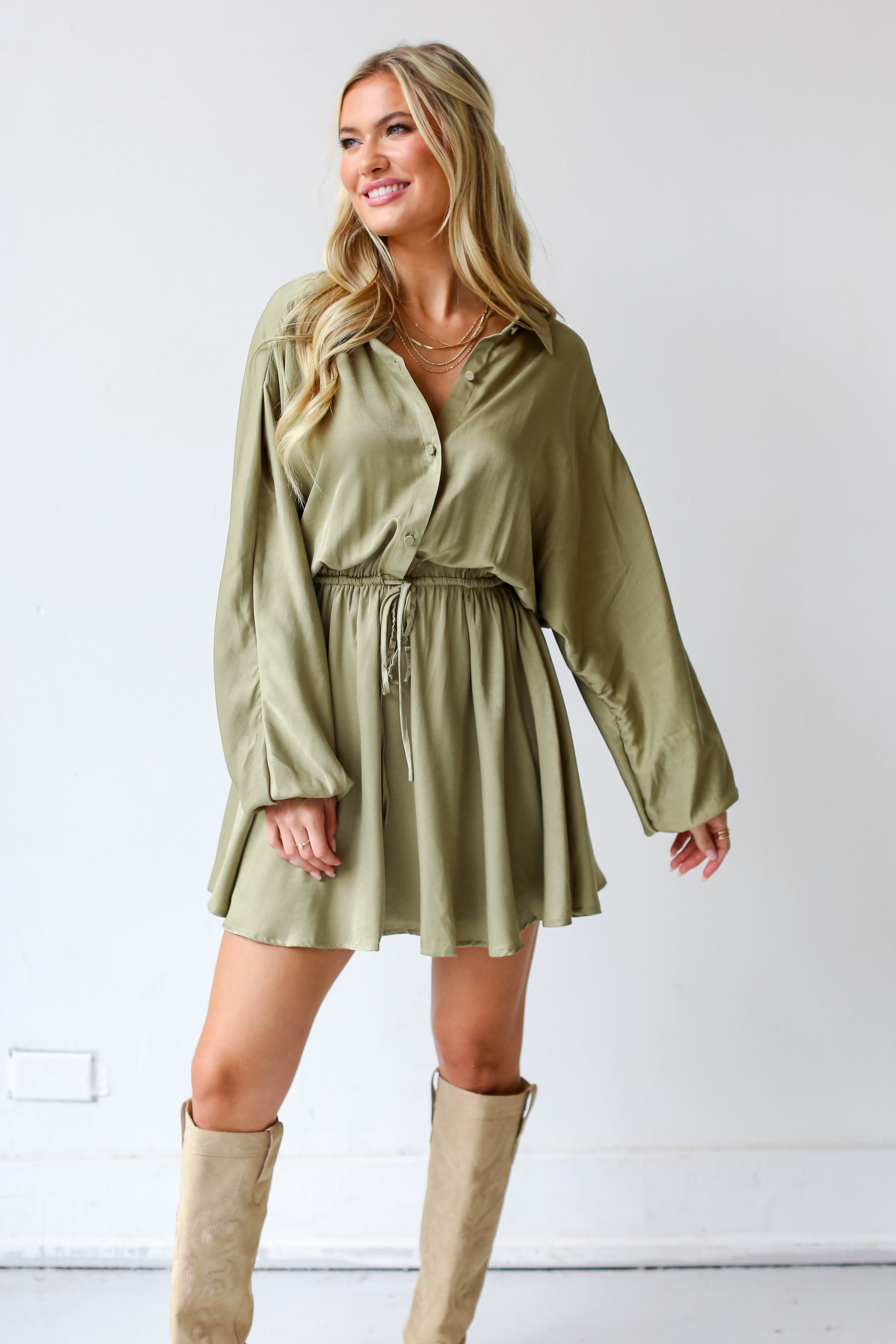 olive green Mini Dress front view on model
