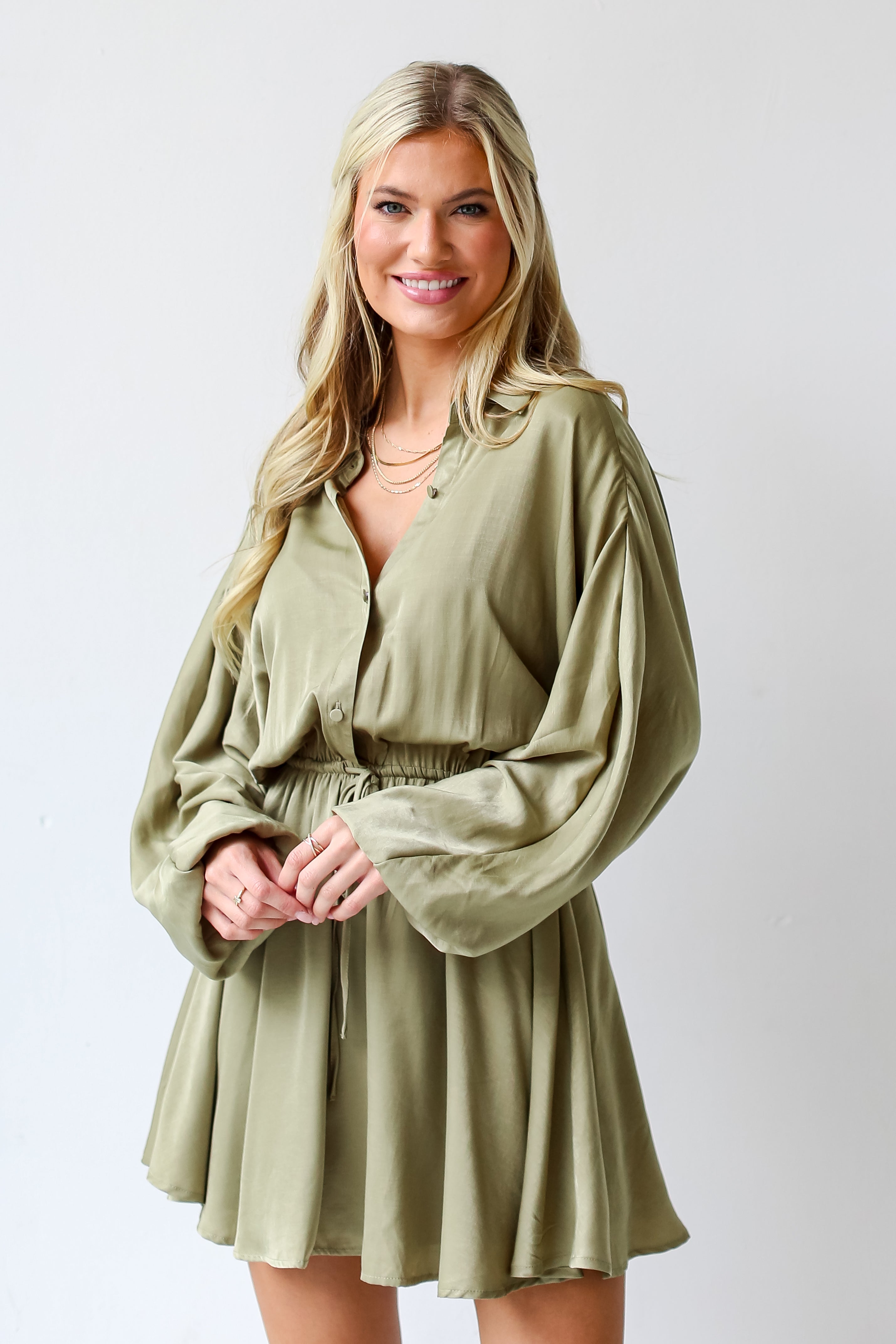 olive green Mini Dress on model with boots