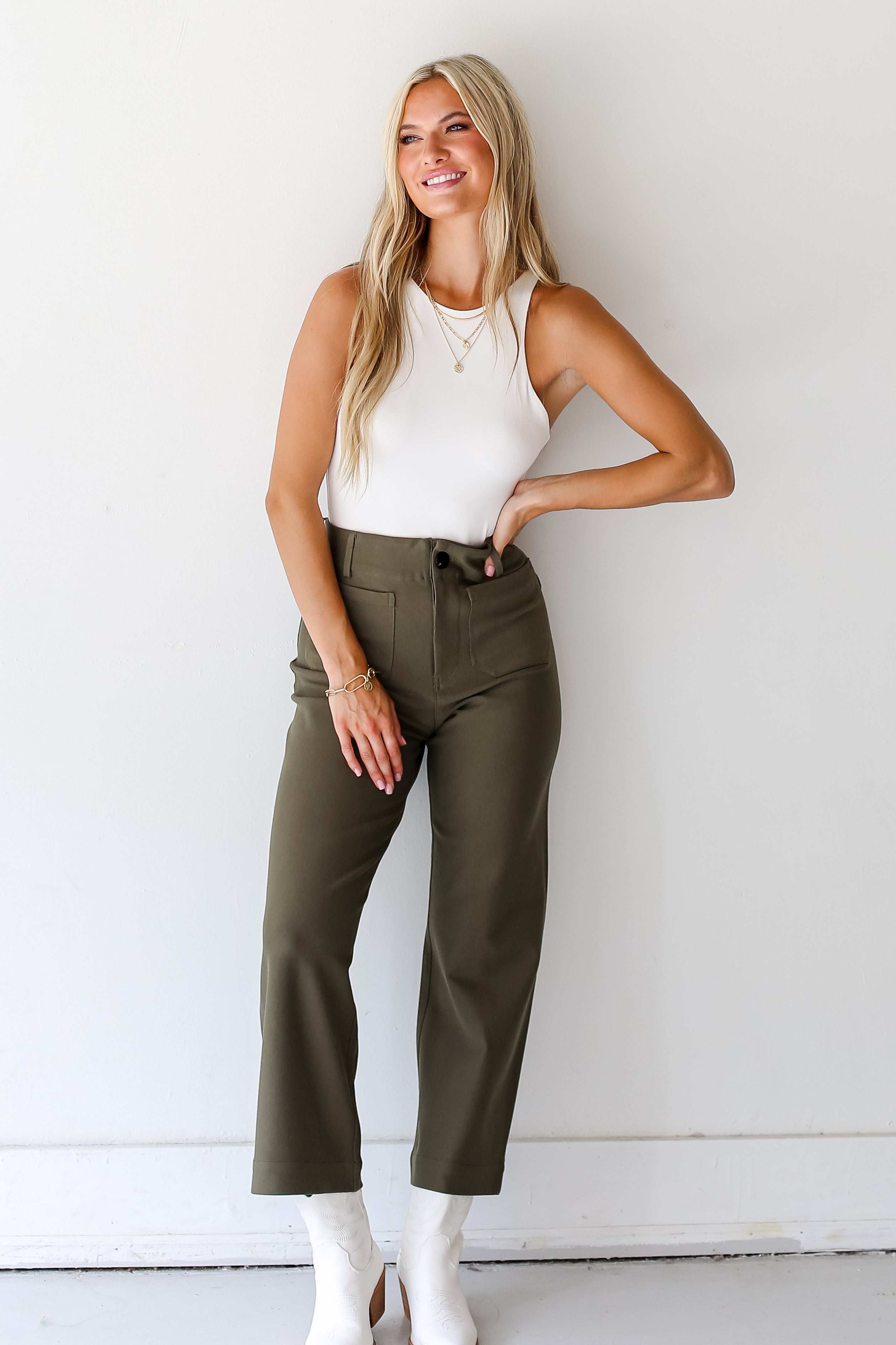 model wearing olive Trouser Pants