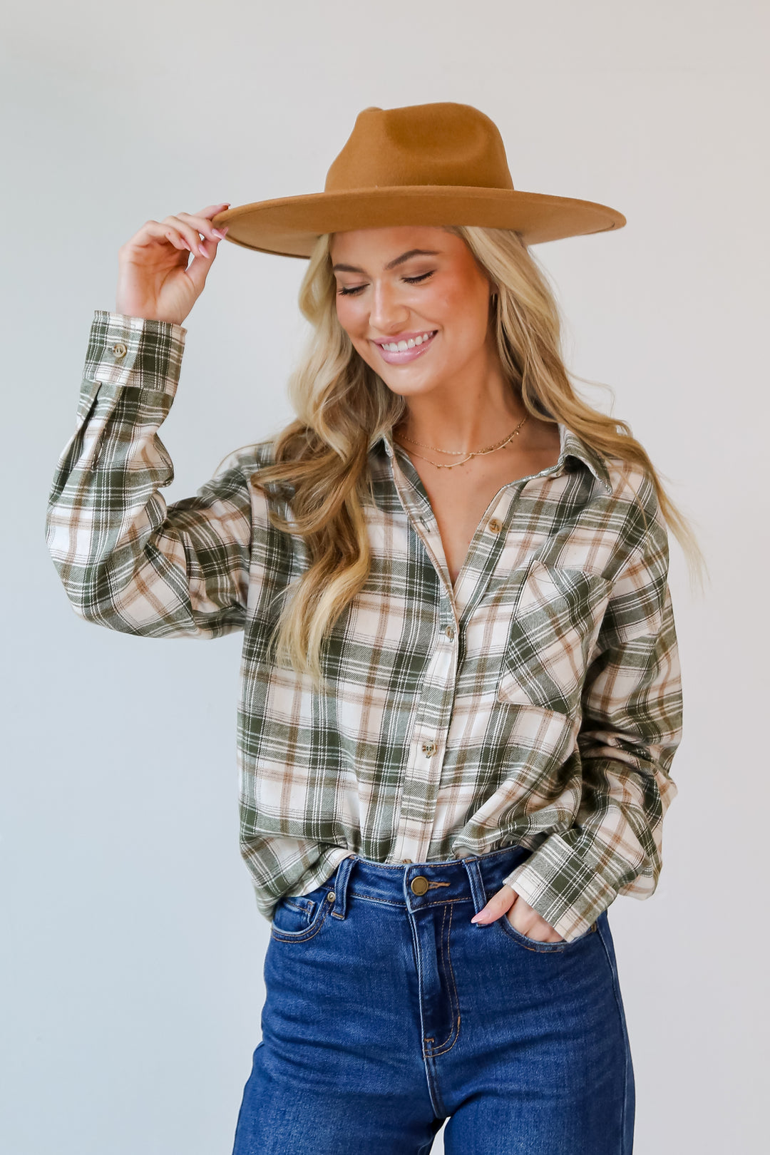 Olive Plaid Flannel front view
