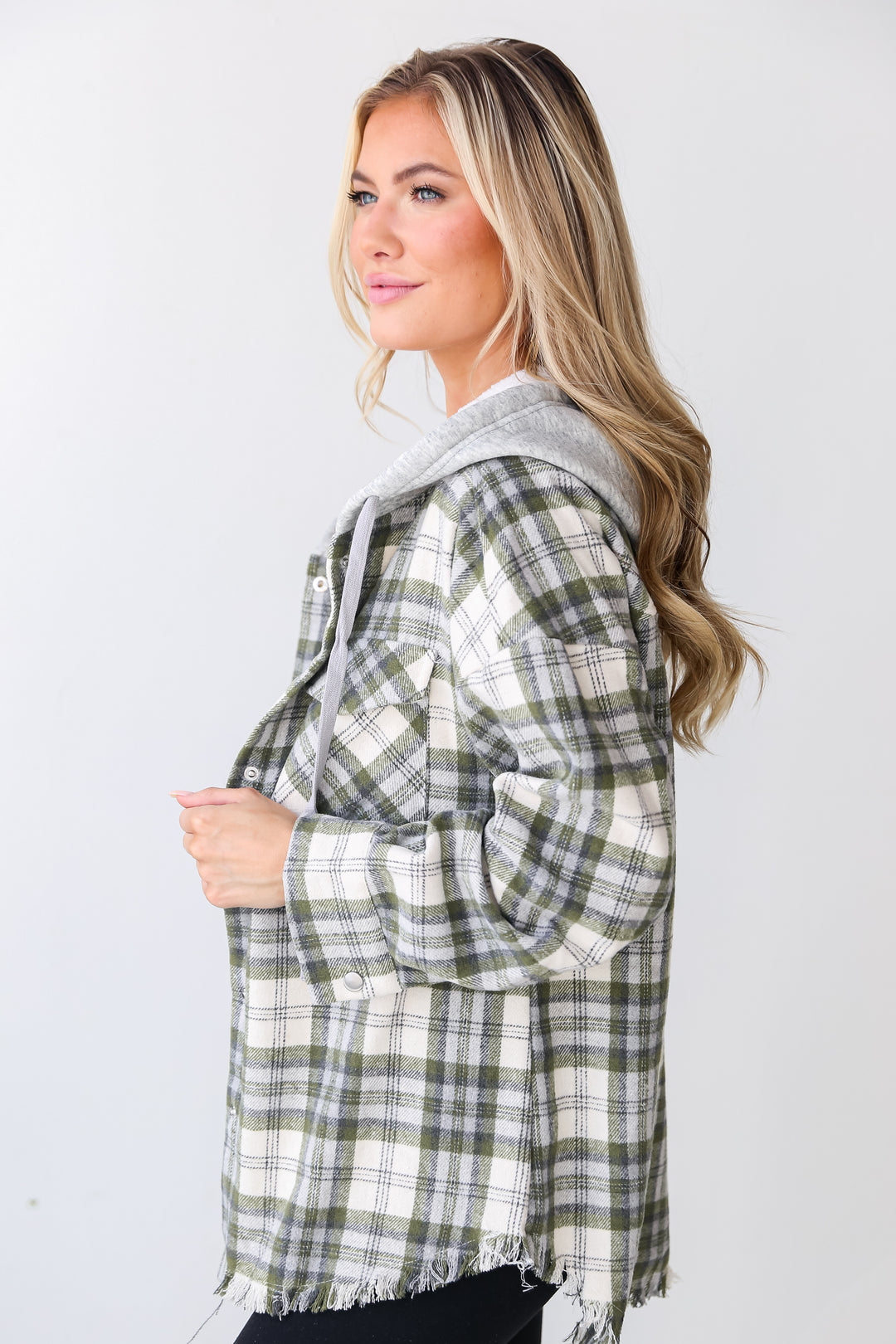 Olive Plaid Hooded Shacket side view