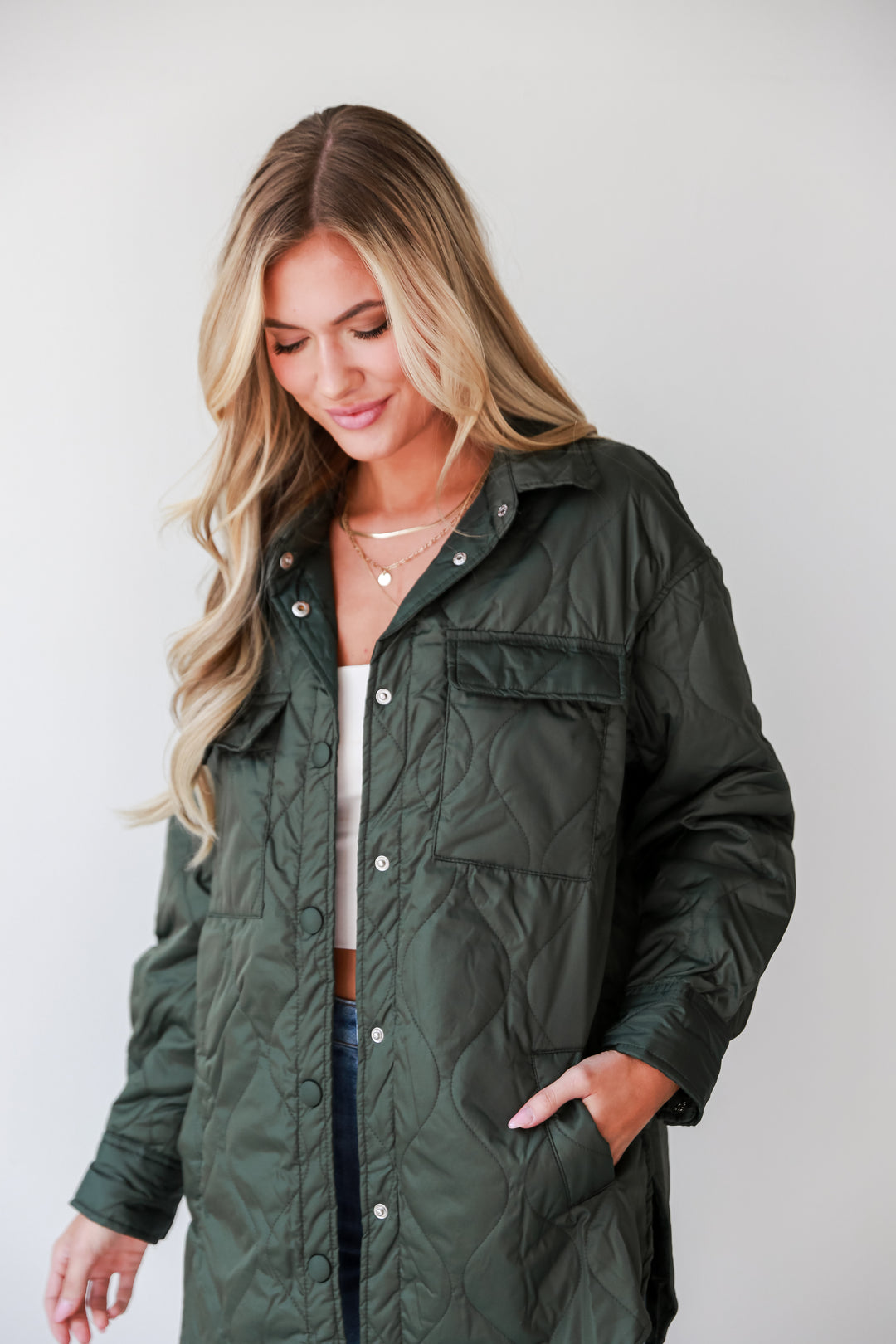 Olive Quilted Jacket close up
