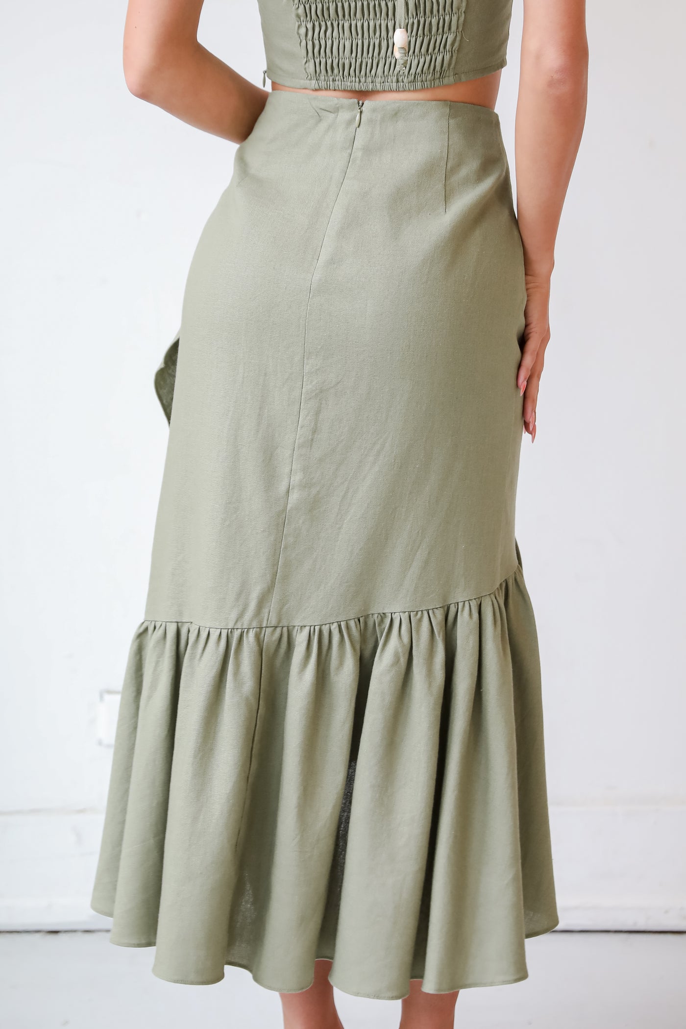 cute Olive Ruffle Midi Skirt