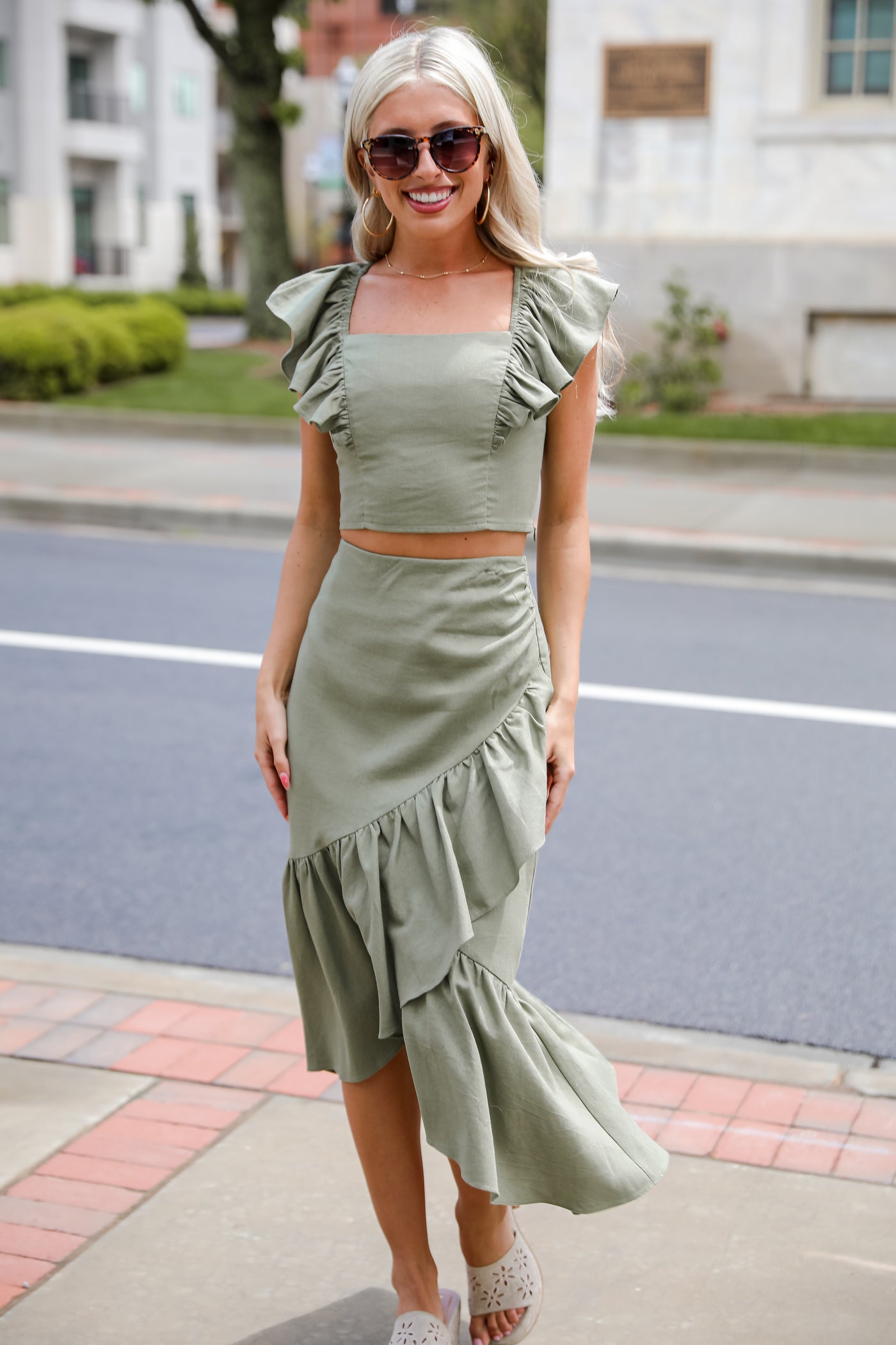cute Olive Ruffle Midi Skirt