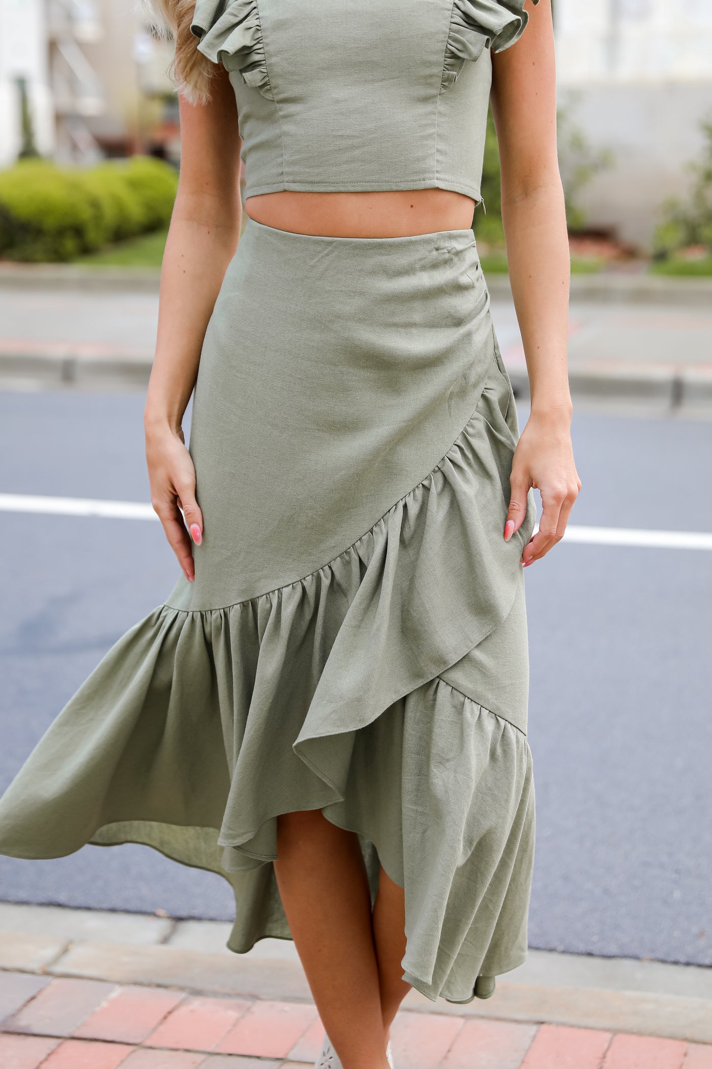 Olive Ruffle Midi Skirt