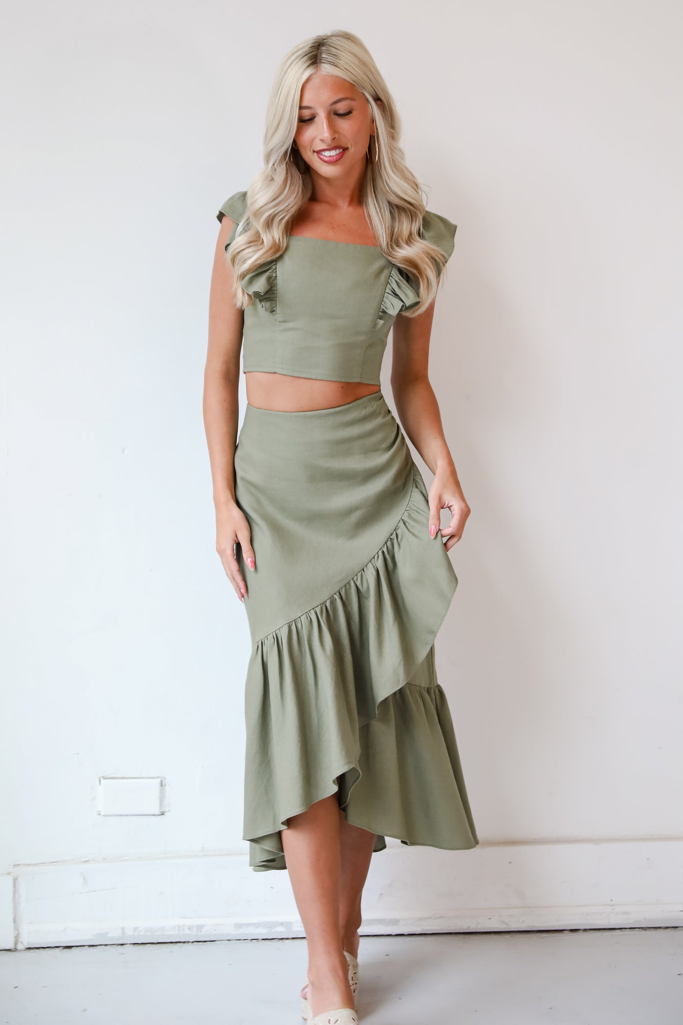 womens Olive Ruffle Midi Skirt