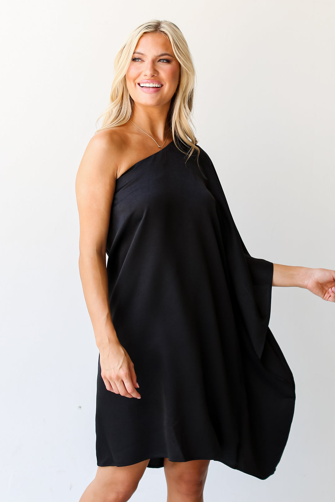 black One-Shoulder Mini Dress front view
