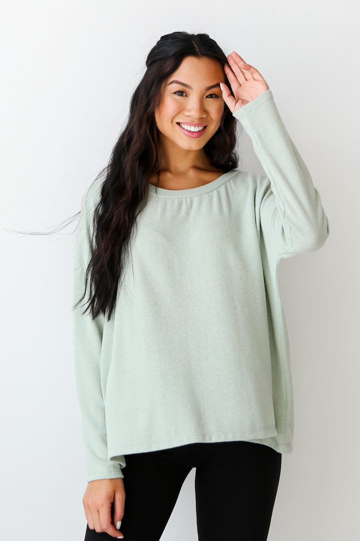 sage Brushed Knit Open Back Pullover front view