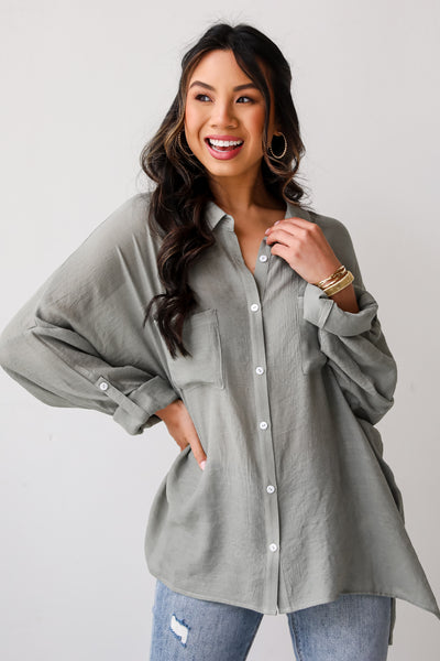olive Oversized Button-Up Blouse for women