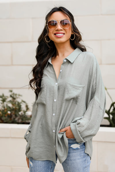 Kelsey Oversized Button-Up Blouse in Olive