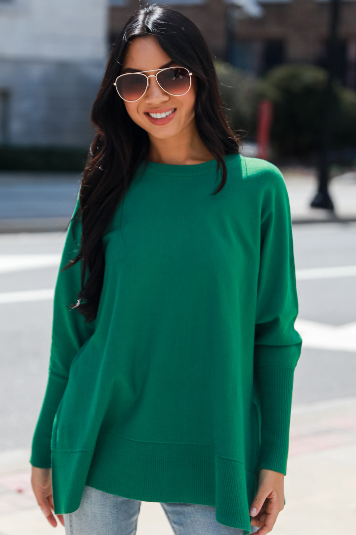 green Lightweight Knit Sweater on model