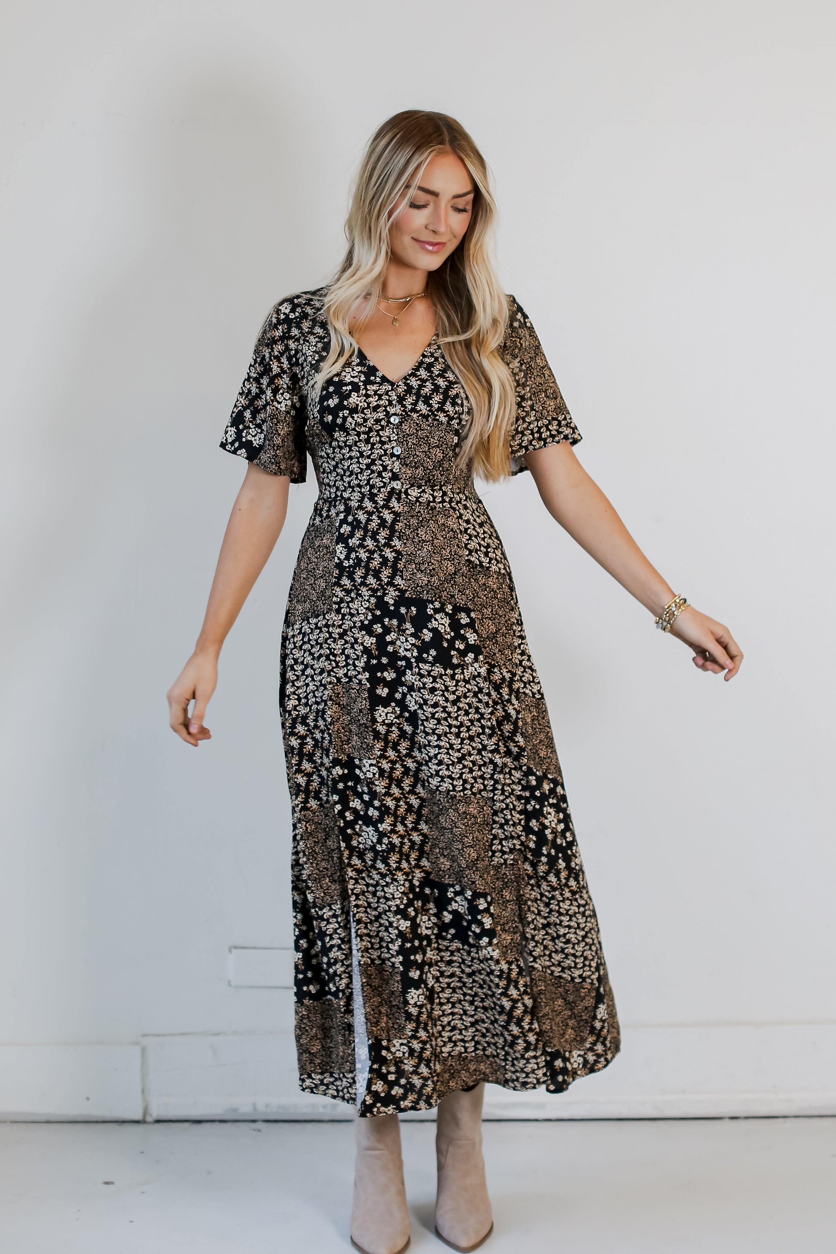 cute Black Floral Patchwork Maxi Dress