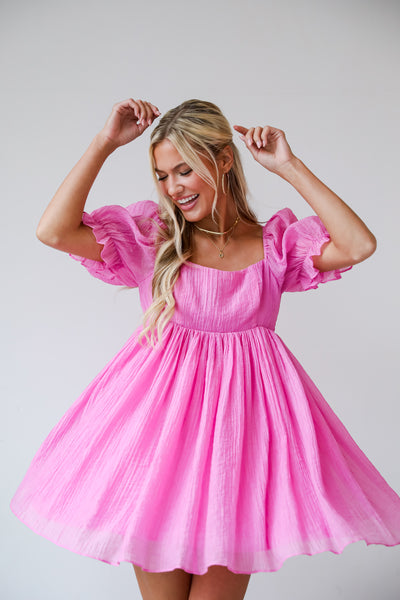 Pink Textured Babydoll Mini Dress for women