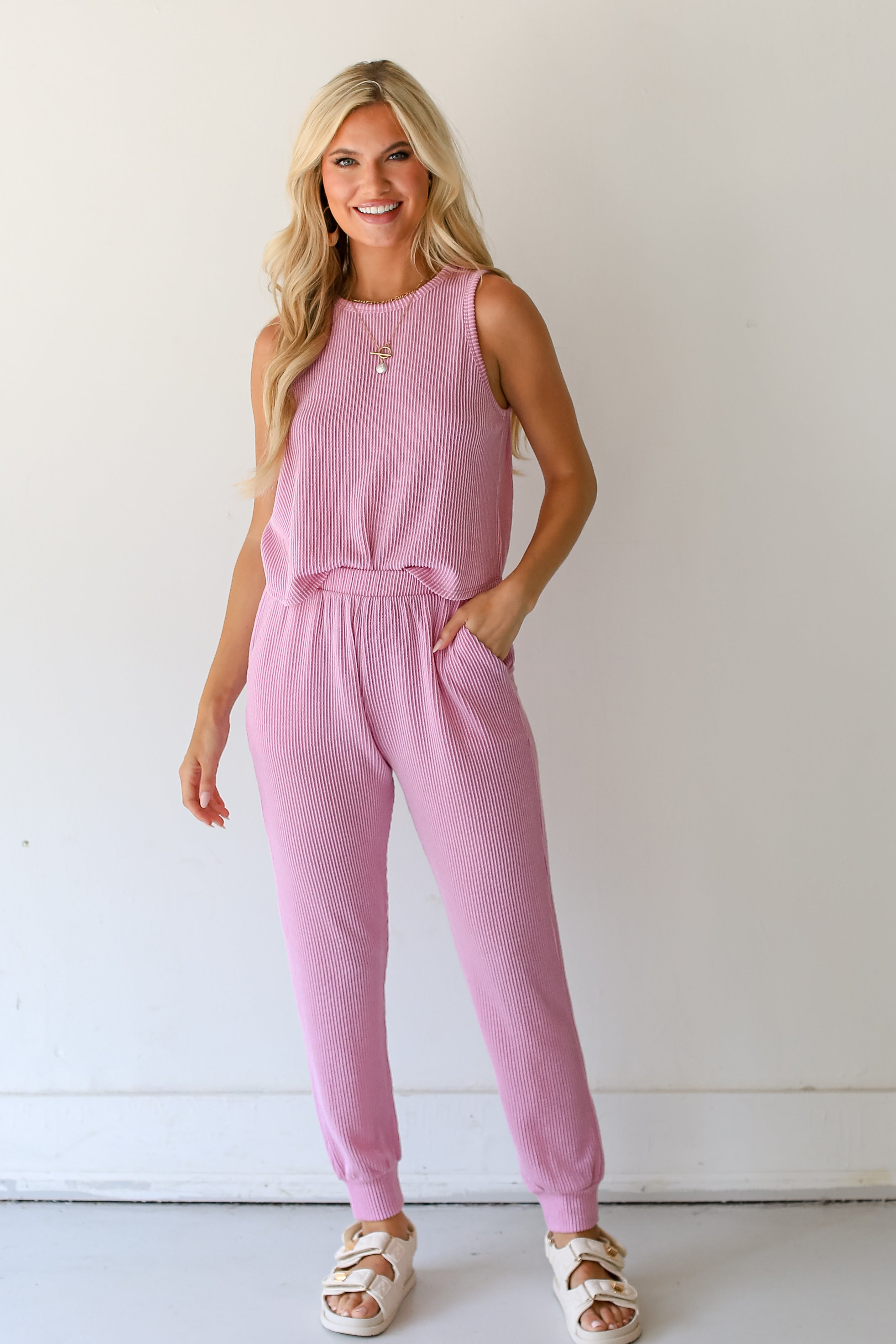 pink Corded Joggers on model