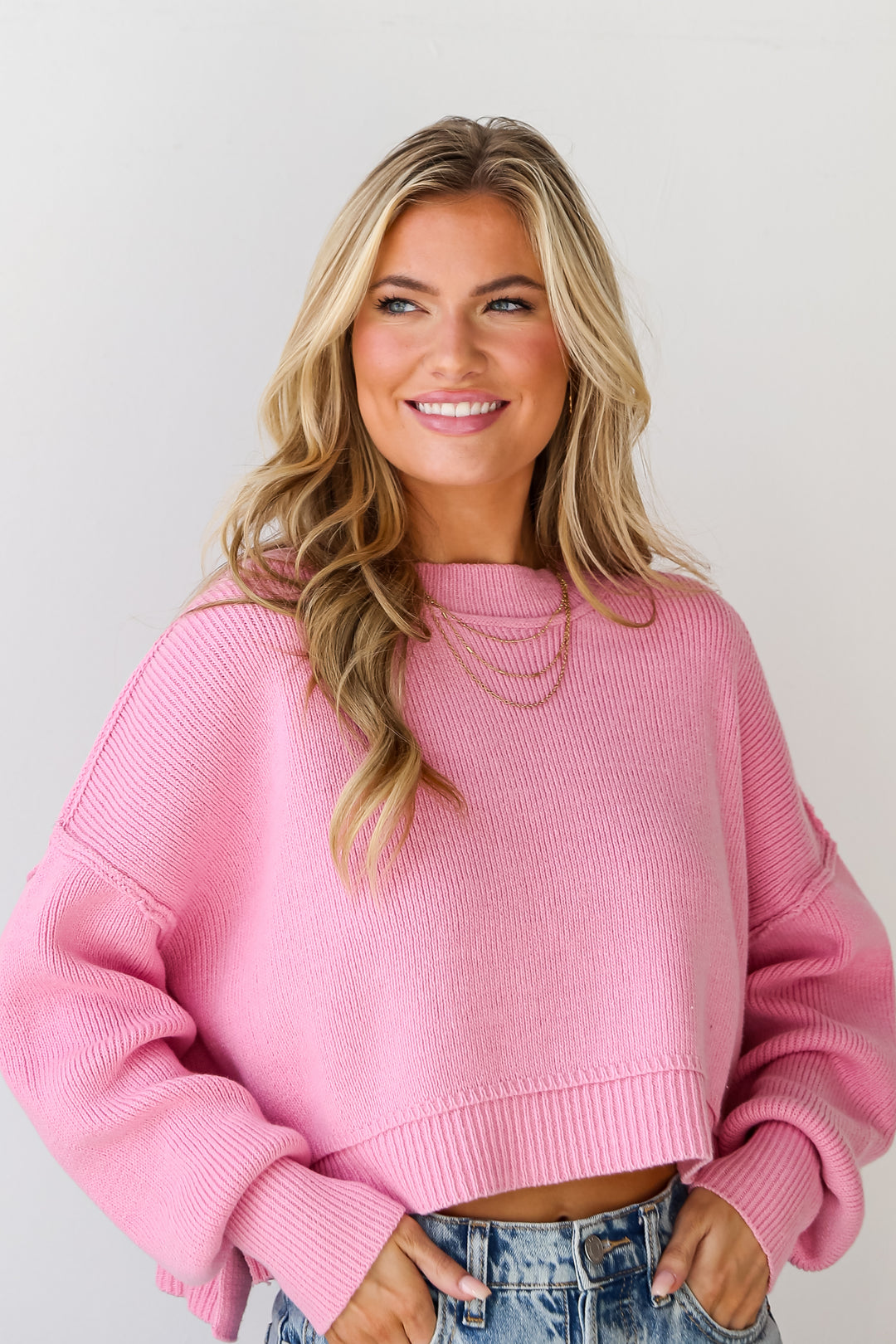 Pink Cropped Sweater on model