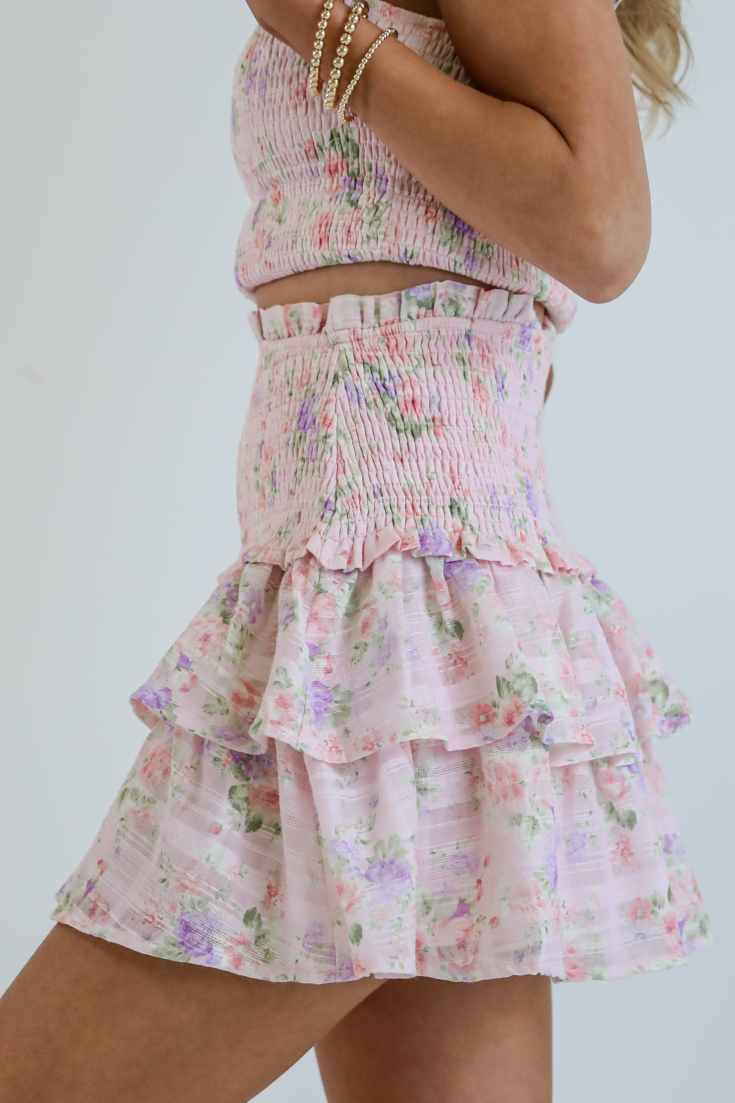 Feeling Connected Pink Floral Tiered Mini Skirt