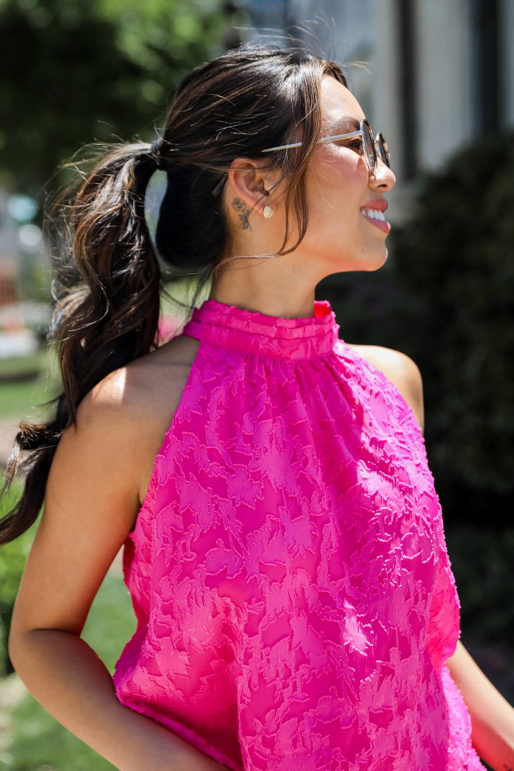 cute Hot Pink Textured Floral Sleeveless Blouse