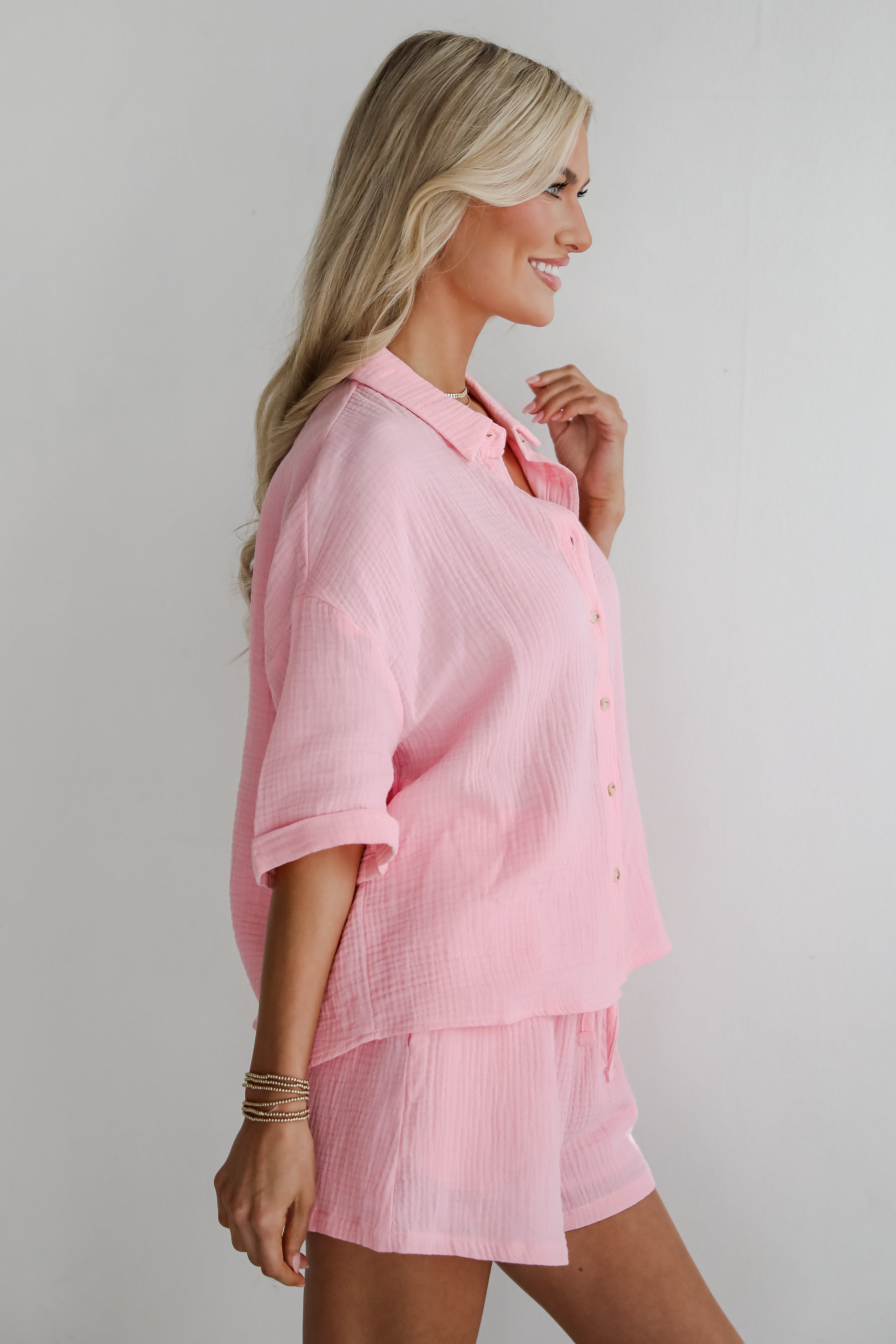 Hit The Breeze Pink Linen Blouse